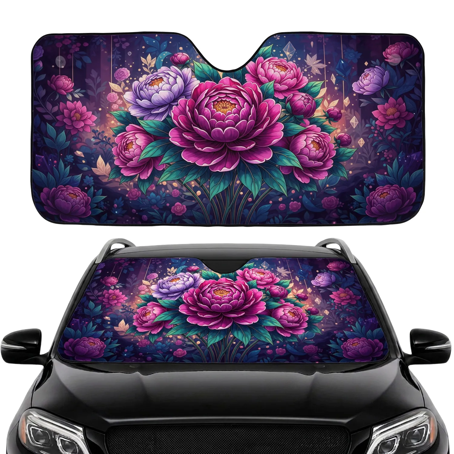Deep Fuchsia Magenta Peony Bouquet Emerald Leaves Twilight Garden Floral Car Interior Upgrade Car Sunshade - 1