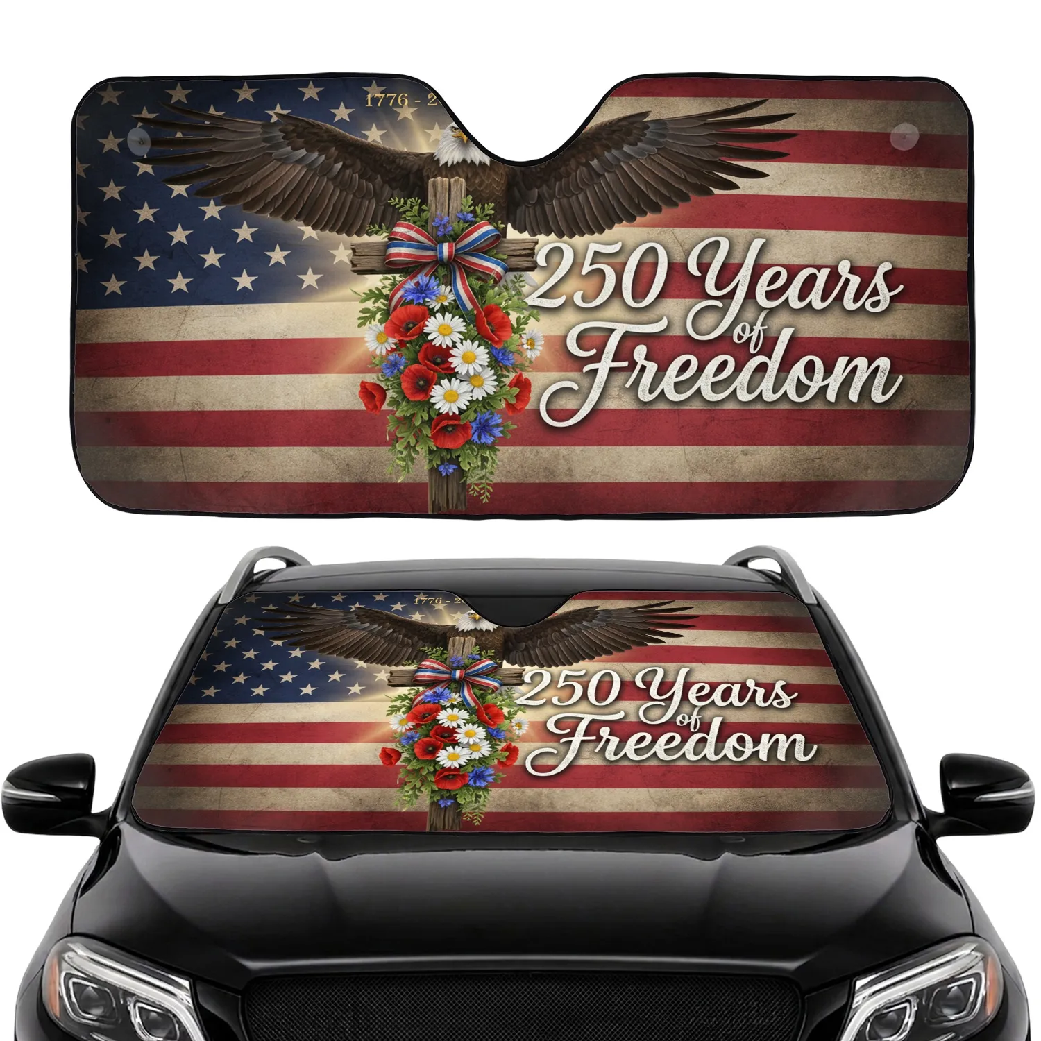 Bald Eagle American Flag Cross 250 Years Freedom 1776-2026 Car Travel Gift Car Sunshade - 1