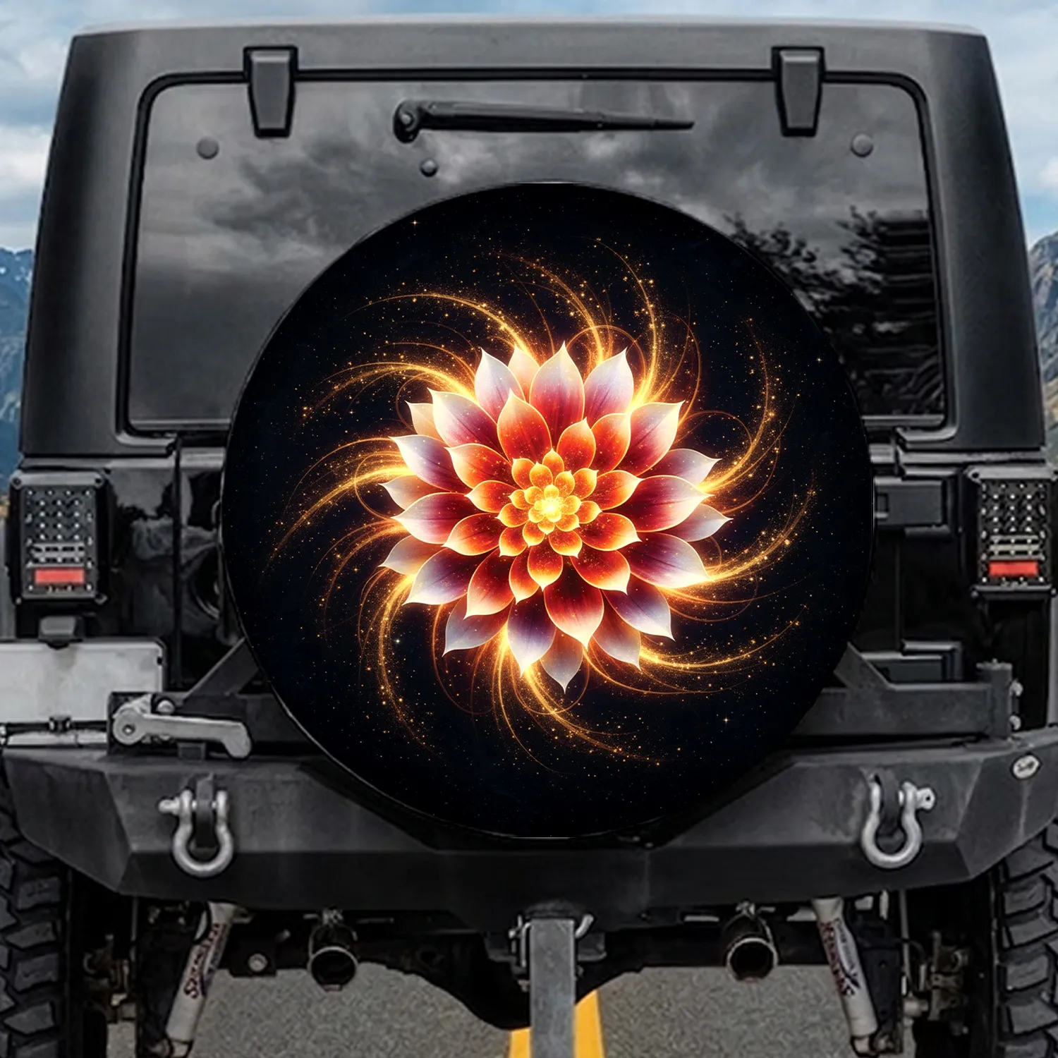 Luminous Flower Golden Nebula Stardust - Radiant Home Decor Gift Spare Tire Cover - 1