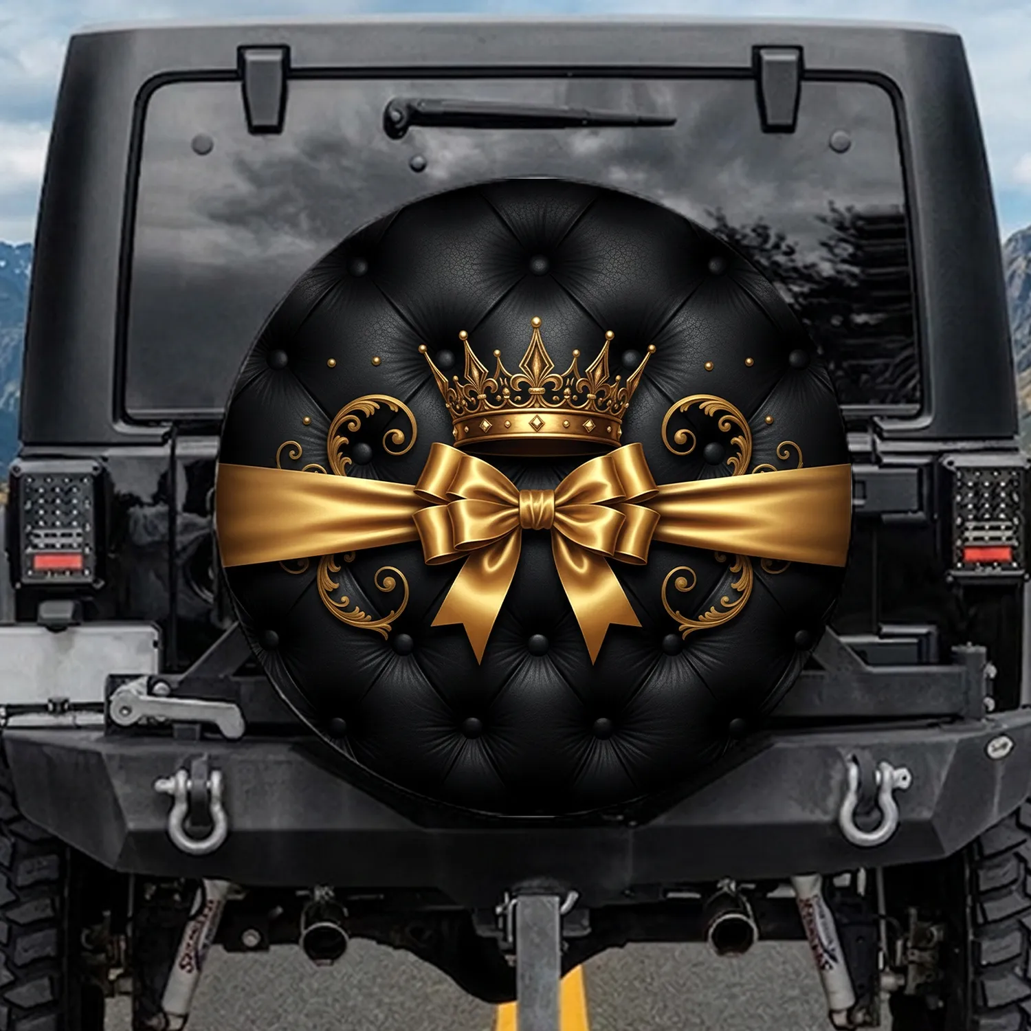 Crown Satin Bow Tufted Black Leather Studs Ribbon - Car Decor Gift Spare Tire Cover - 1