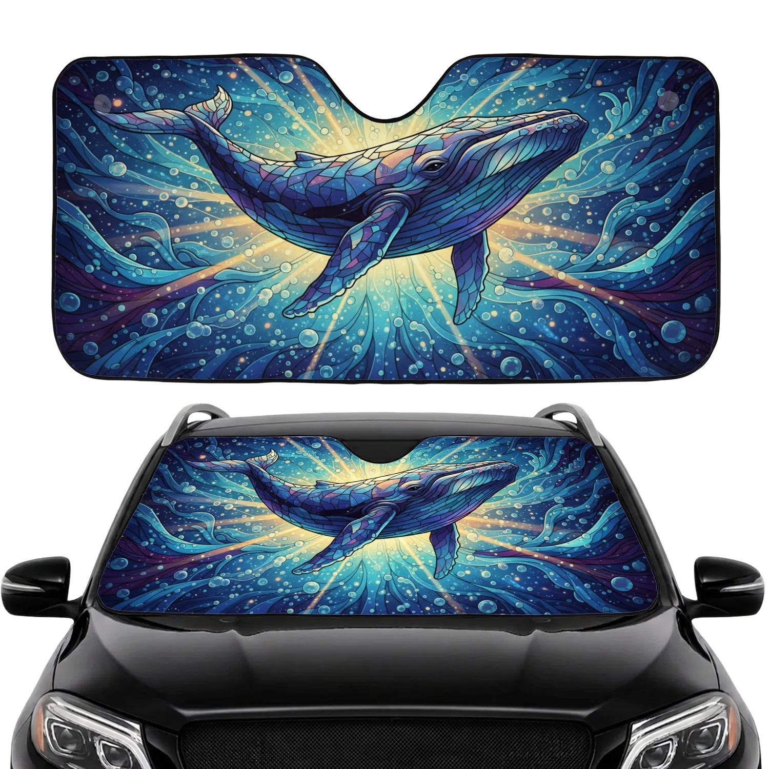 Whale Stained Glass Mosaic Oceanic Abyss Luminous Rays Car Interior Upgrade Car Sunshade - 1