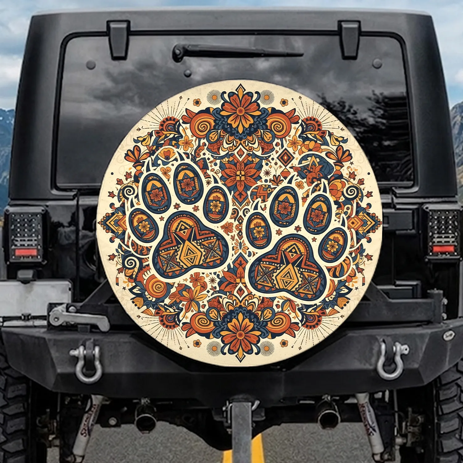 Boho Folk Art Animal Paw Prints Tribal Floral Decor - Home Decor Gift for Pet Lover Spare Tire Cover - 1