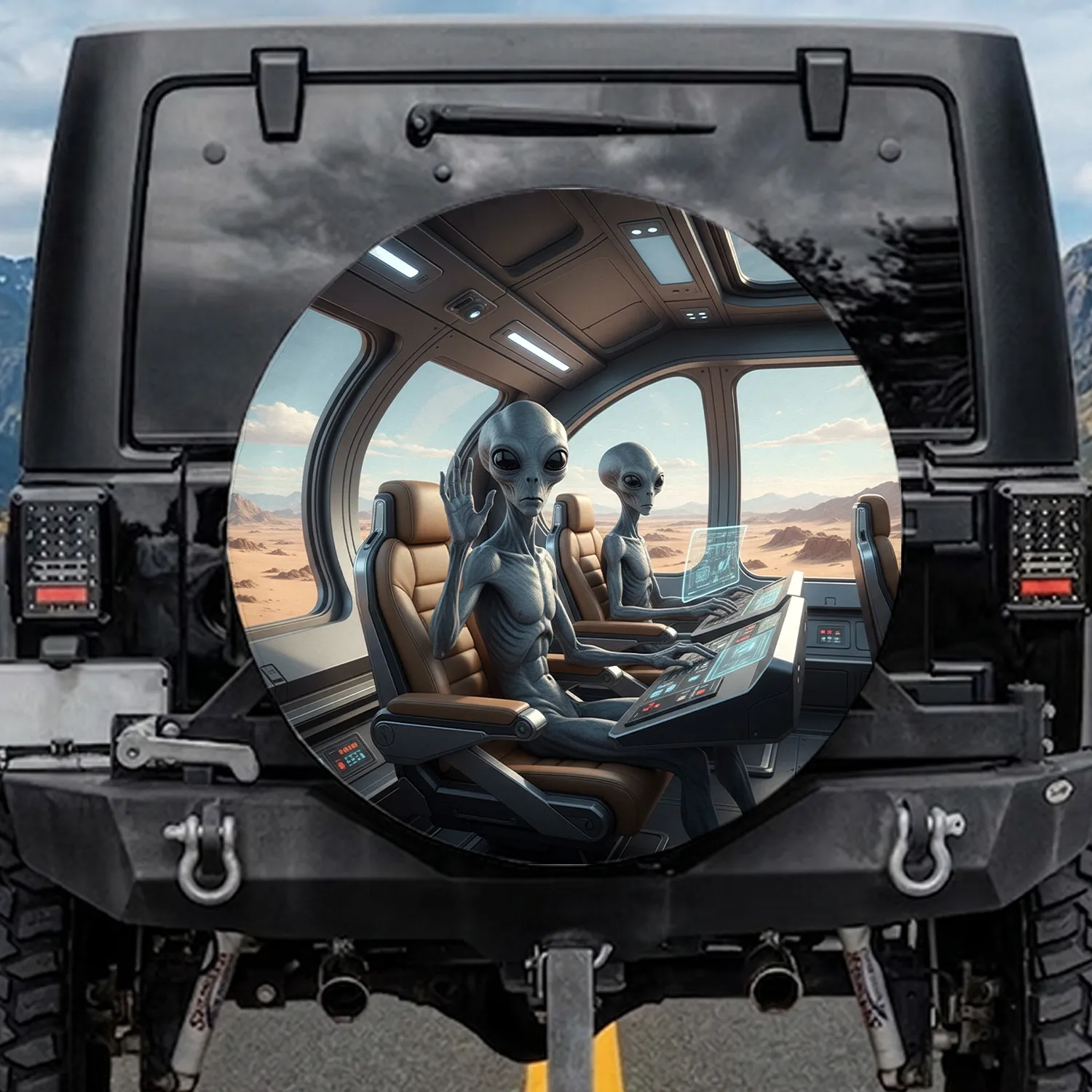 Realistic Grey Aliens Futuristic Cabin Desert - Outer Space Adventure Gift Spare Tire Cover - 1