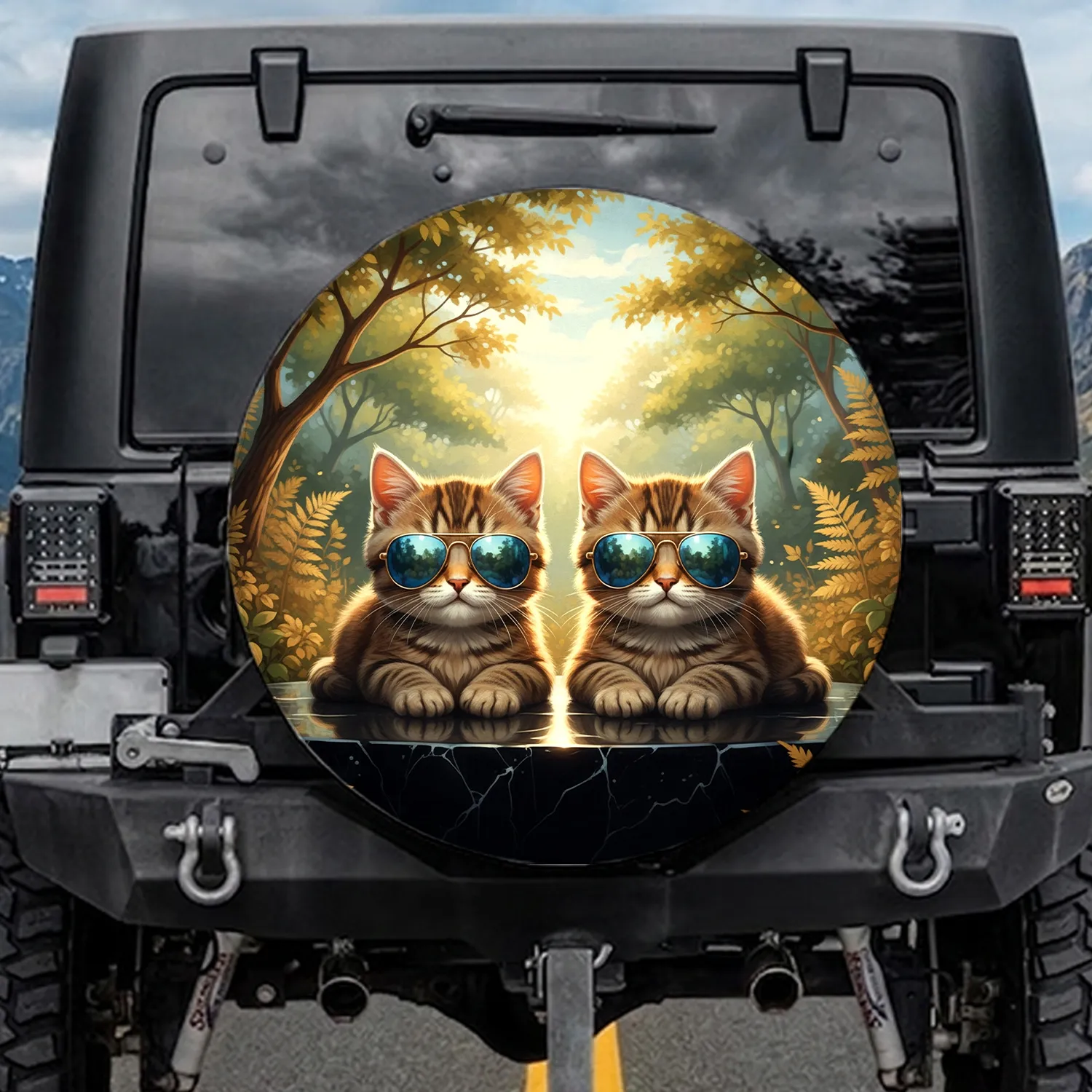 Fluffy Tabby Kittens Blue Sunglasses on Polished Surface Sunlit Nature - Cat Lover Gift Spare Tire Cover - 1