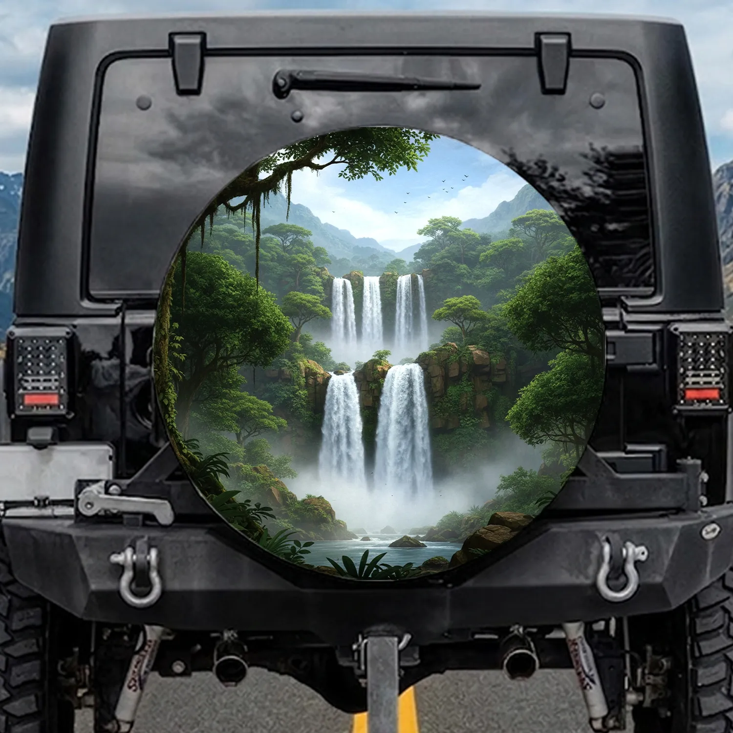 Multi-tiered Waterfall Mountain Jungle Tropical Foliage Landscape - Outdoor Lover Gift Spare Tire Cover - 1
