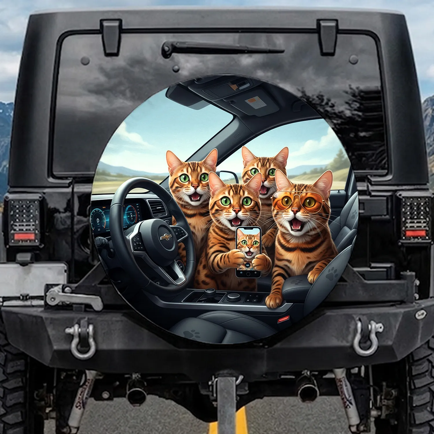 Playful Bengal Cats Car Cabin Selfie - Road Trip Travel Essential for Cat Lovers Spare Tire Cover - 1