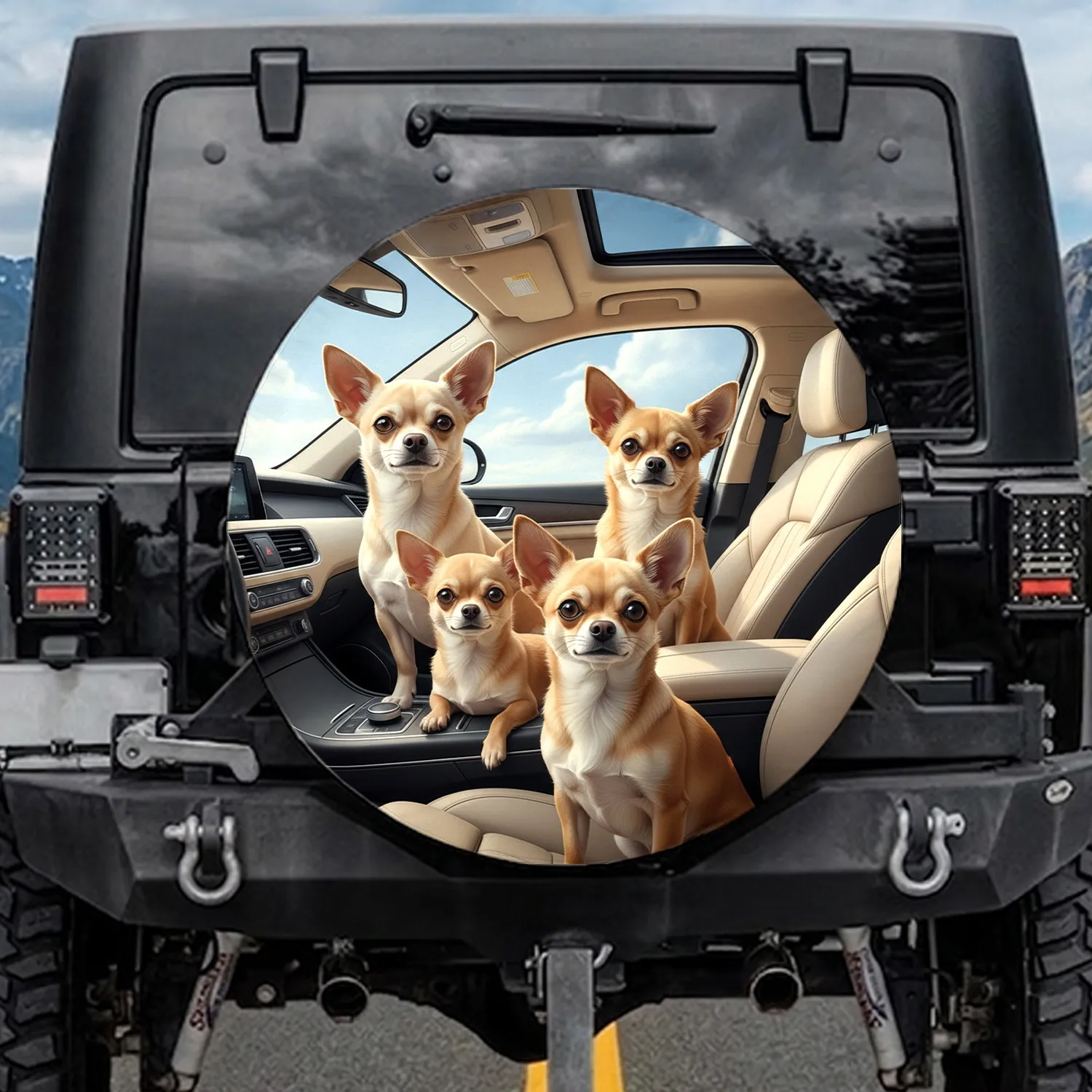 Chihuahuas Car Interior Blue Sky - Chihuahua Lover Car Accessory Gift Spare Tire Cover - 1