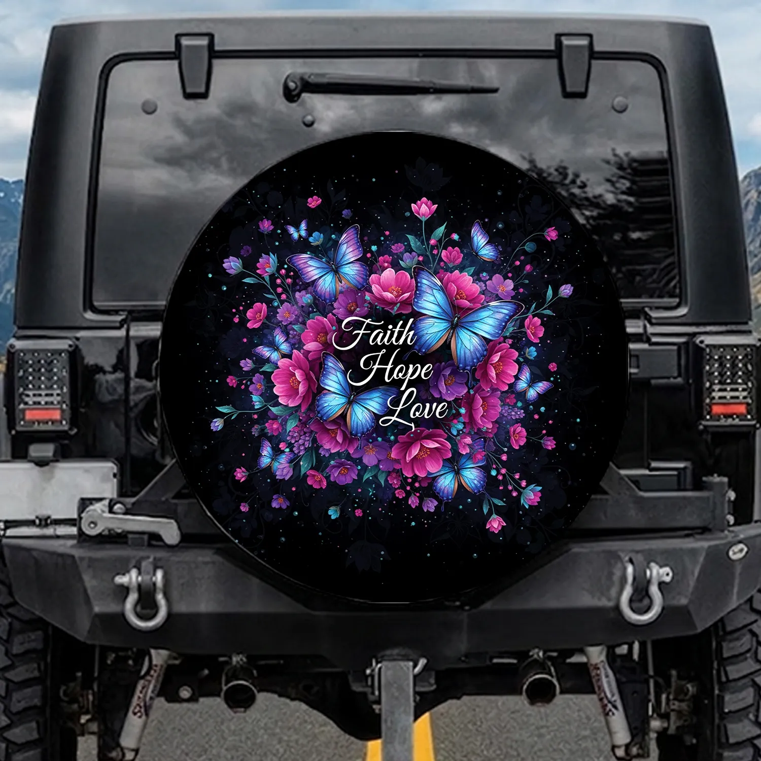Butterflies Blossoms Faith Hope Love Night Sky - Inspirational Vehicle Decor Spare Tire Cover - 1