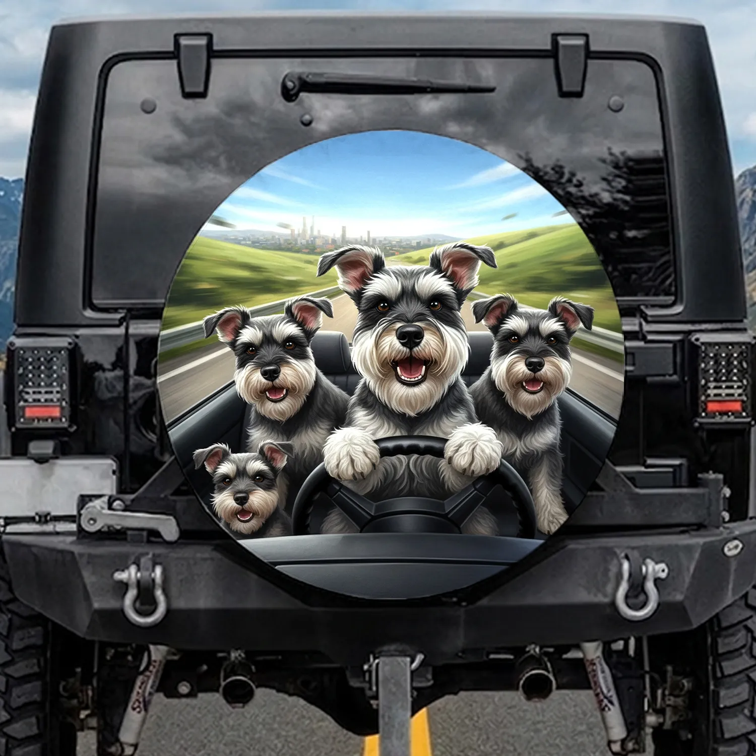 Miniature Schnauzers Driving Car Cityscape - Travel Essentials Dog Lover Gift Spare Tire Cover - 1