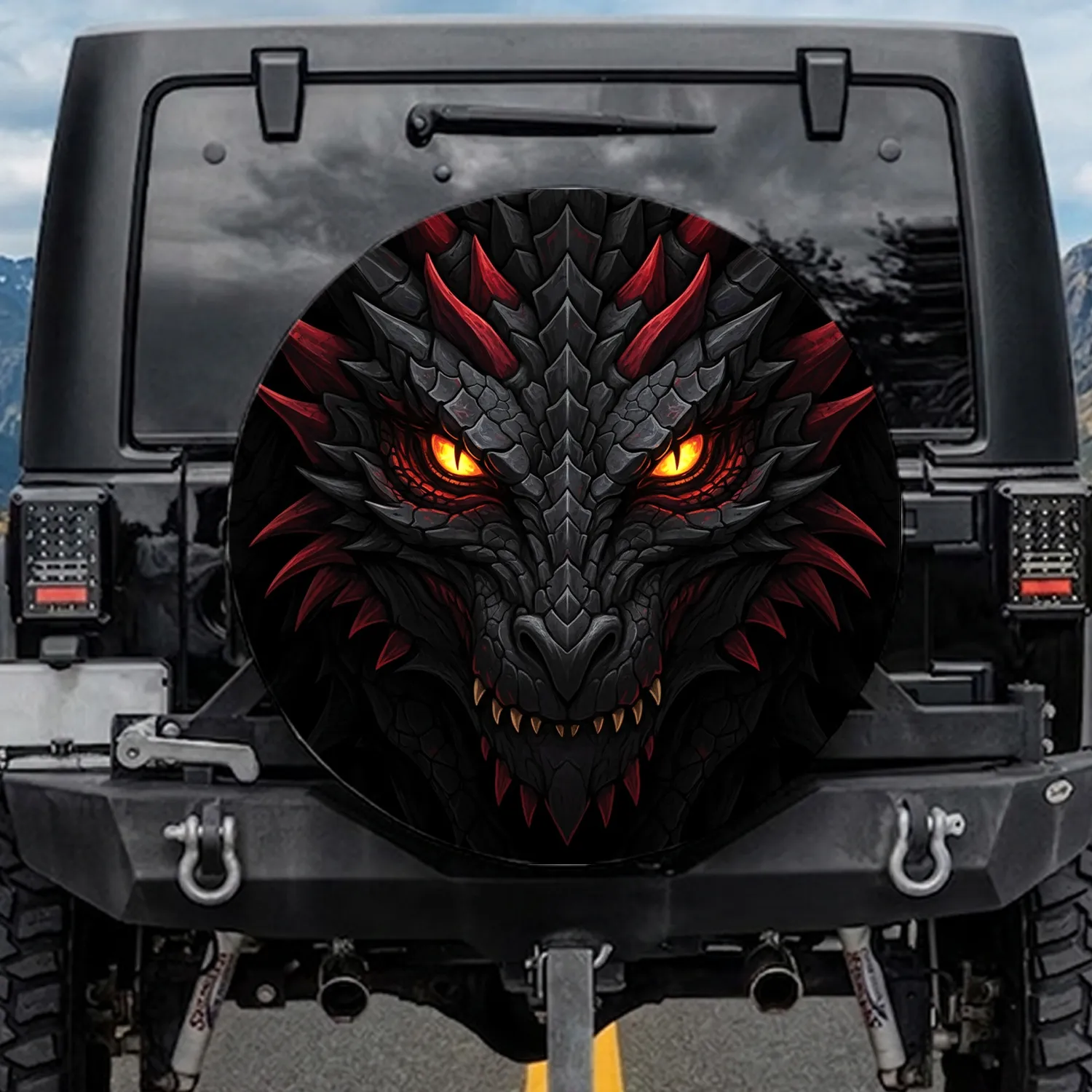 Fierce Fiery Dragon Eyes Dark Scaly Spiked Face - Outdoor Vehicle Accessory Gift Spare Tire Cover - 1