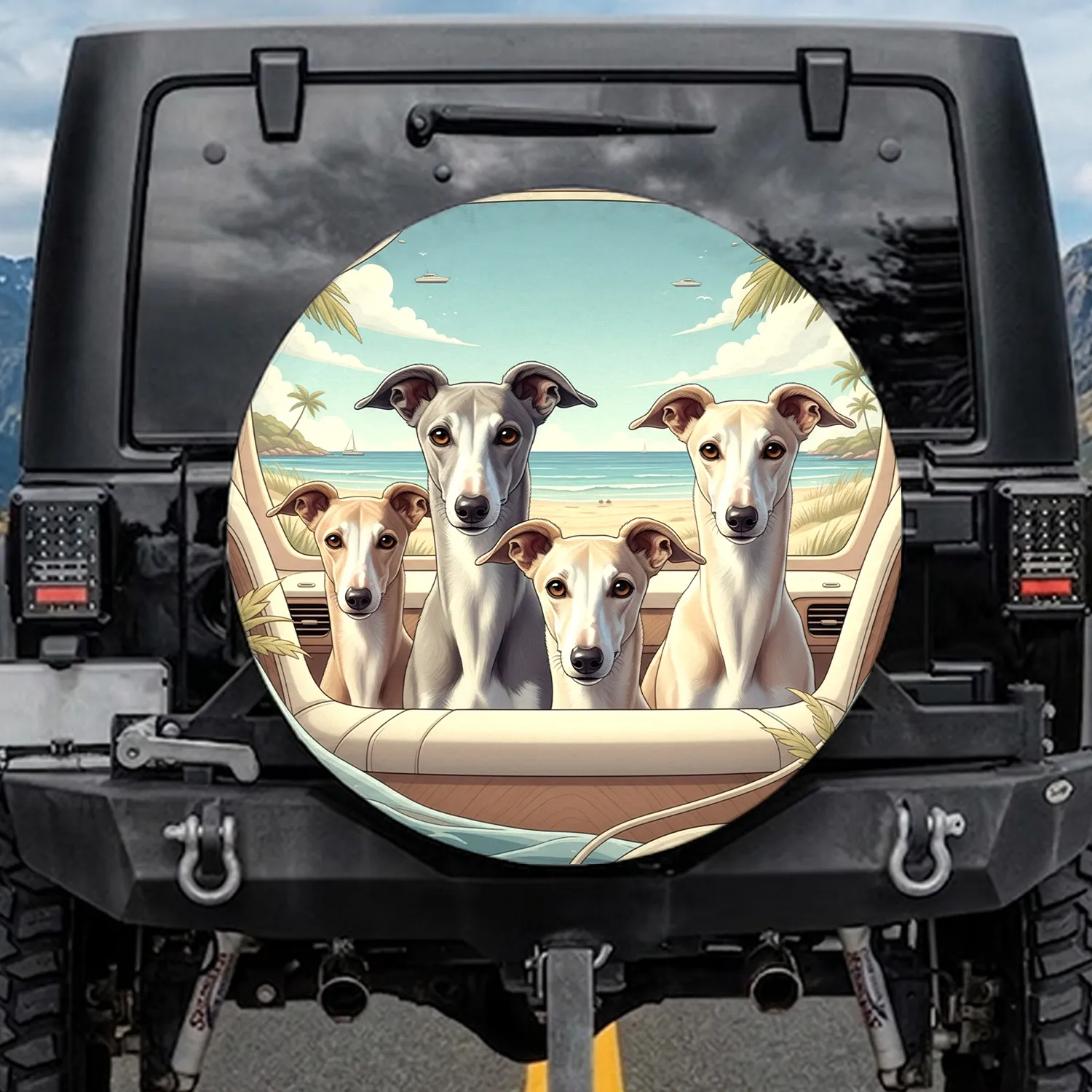 Realistic Greyhound Dogs Beach Scene - Coastal Travel Gift for Dog Owners Spare Tire Cover - 1