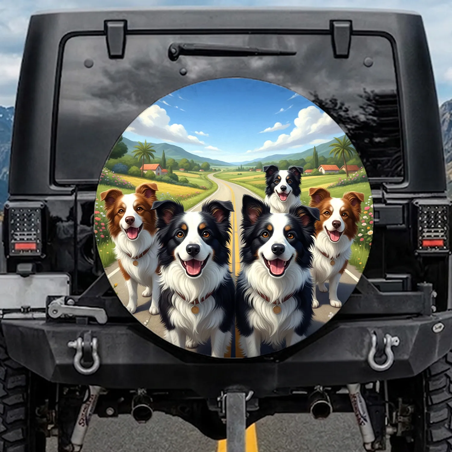 Border Collies Open Road Adventure - Dog Lover Travel Gift Spare Tire Cover - 1