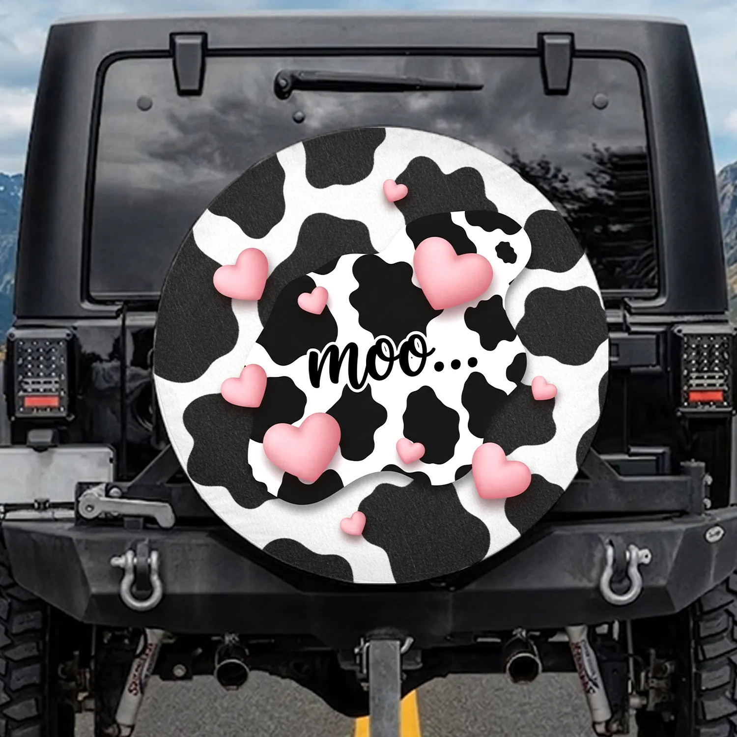 Black White Cowhide Pink Hearts Moo - Farmhouse Decor Gift for Cow Lover Spare Tire Cover - 1