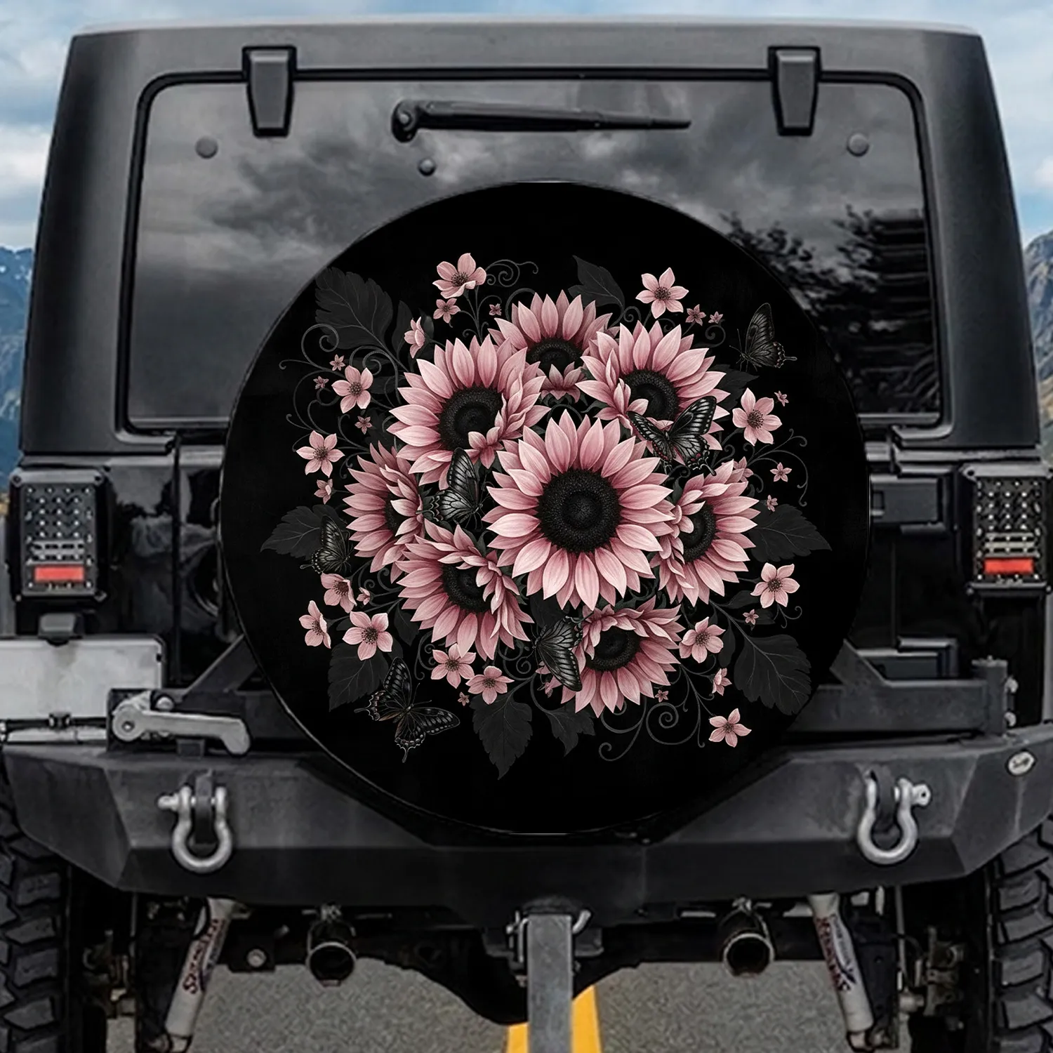 Pink Sunflowers Dark Butterflies Black Shadowy Botanical Garden - Home Decor Gift Spare Tire Cover - 1