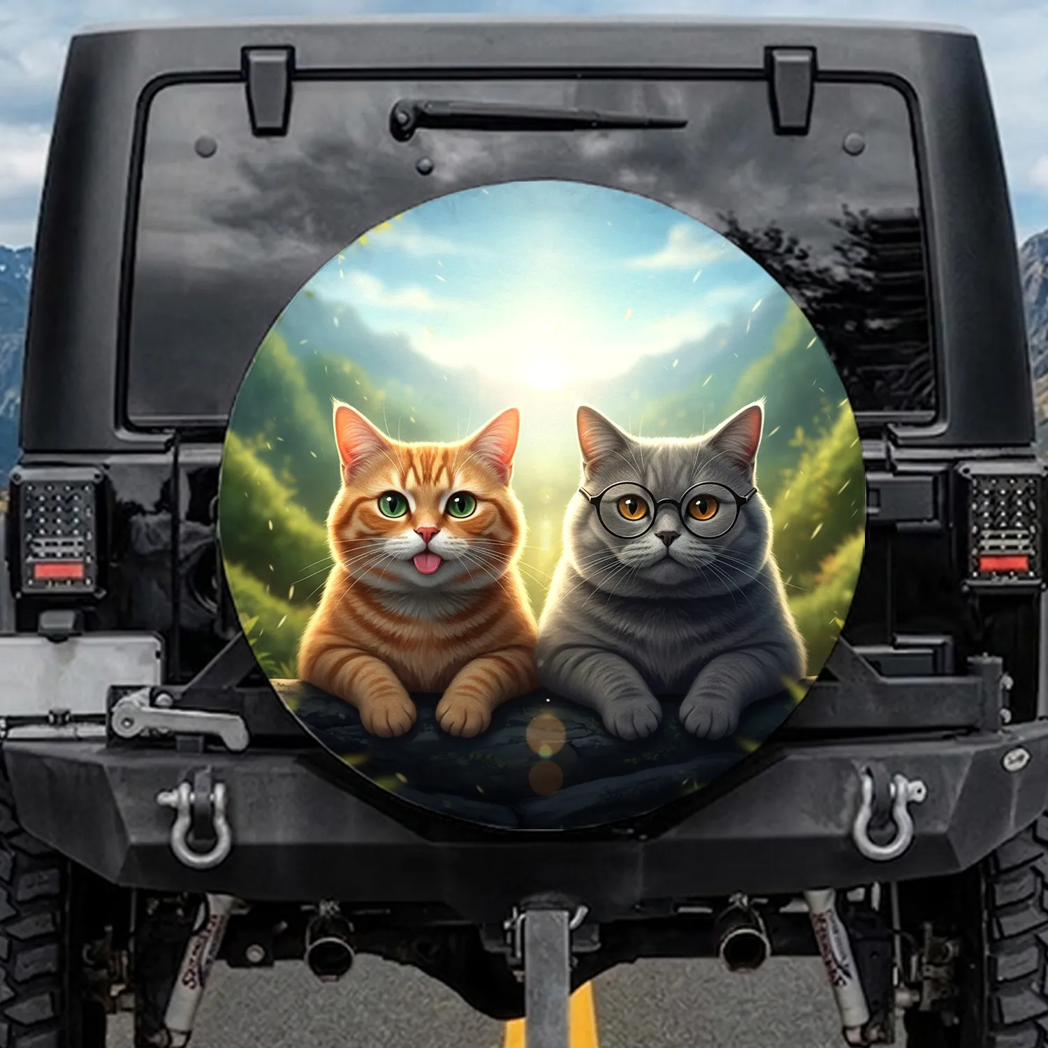 Orange Tabby Grey British Shorthair Cats with Glasses - Cat Lover Gift Spare Tire Cover - 1