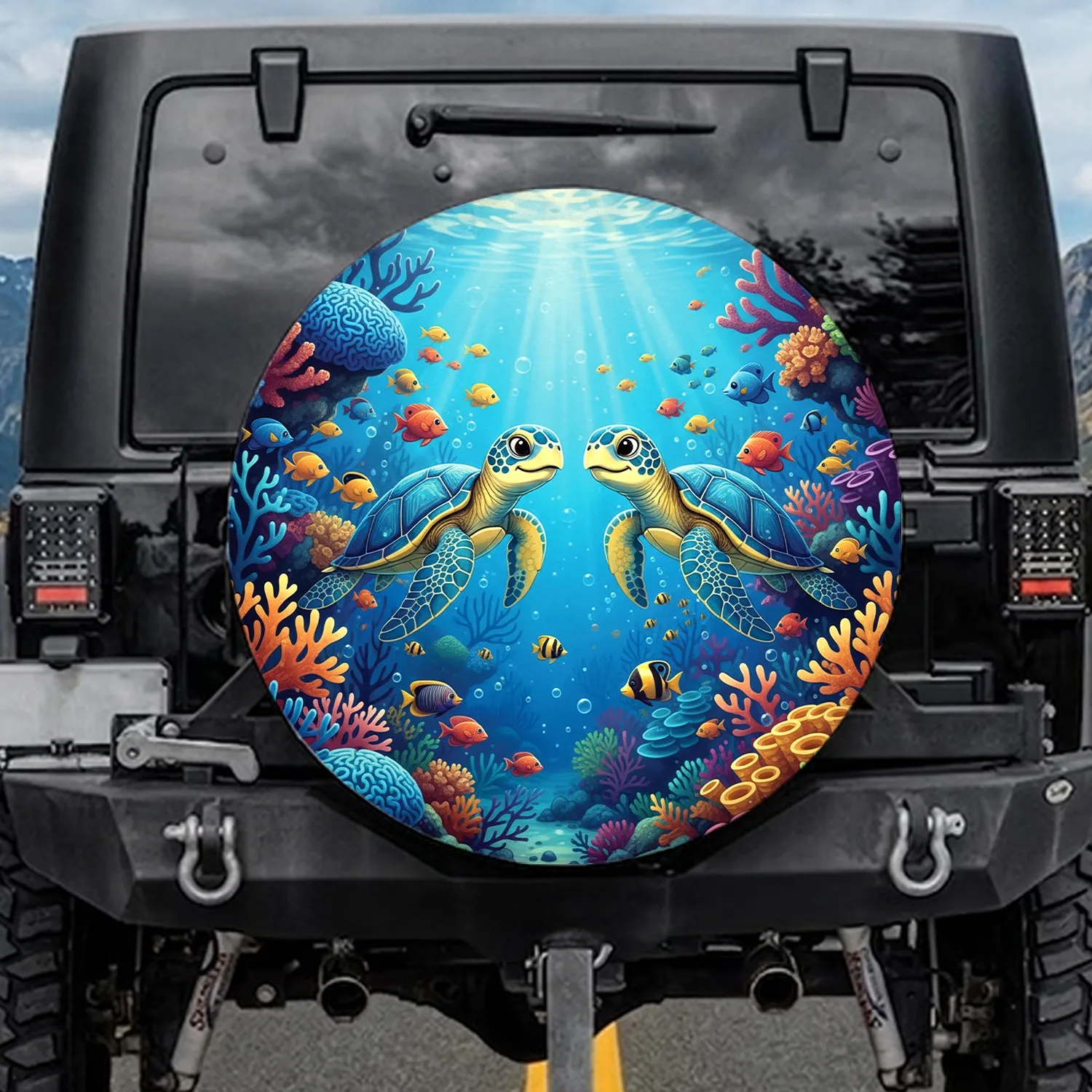 Smiling Sea Turtles Tropical Fish Coral Reef - Ocean Life Lover Gift Spare Tire Cover - 1