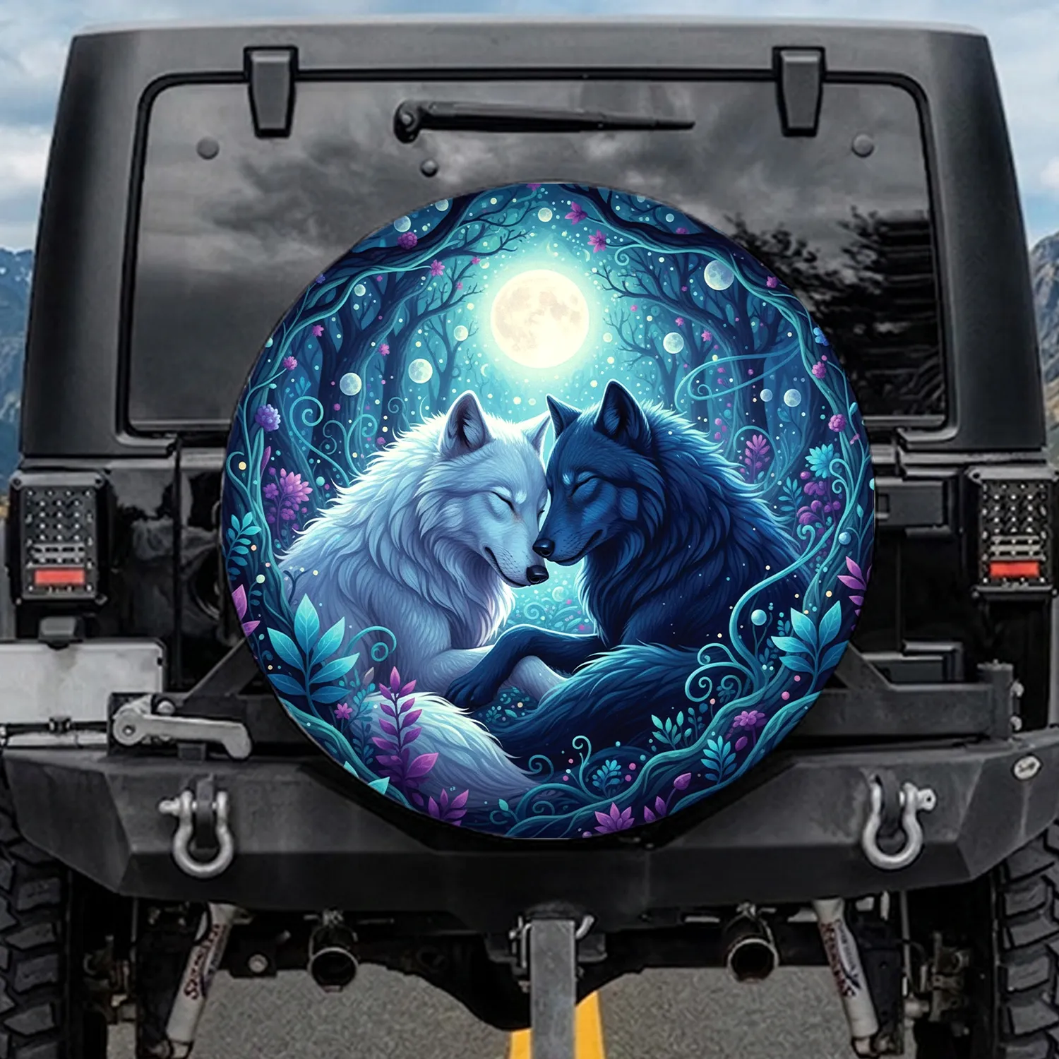 White & Indigo Wolves Enchanted Night Forest Full Moon - Wildlife Lover Gift Spare Tire Cover - 1