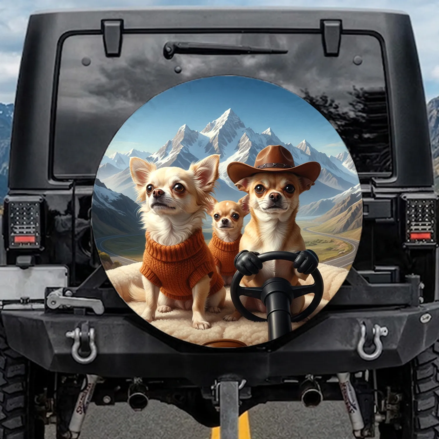 Chihuahua Dogs Cowboy Hat Orange Sweater Mountain Vista - Travel Essentials Dog Lover Gift Spare Tire Cover - 1
