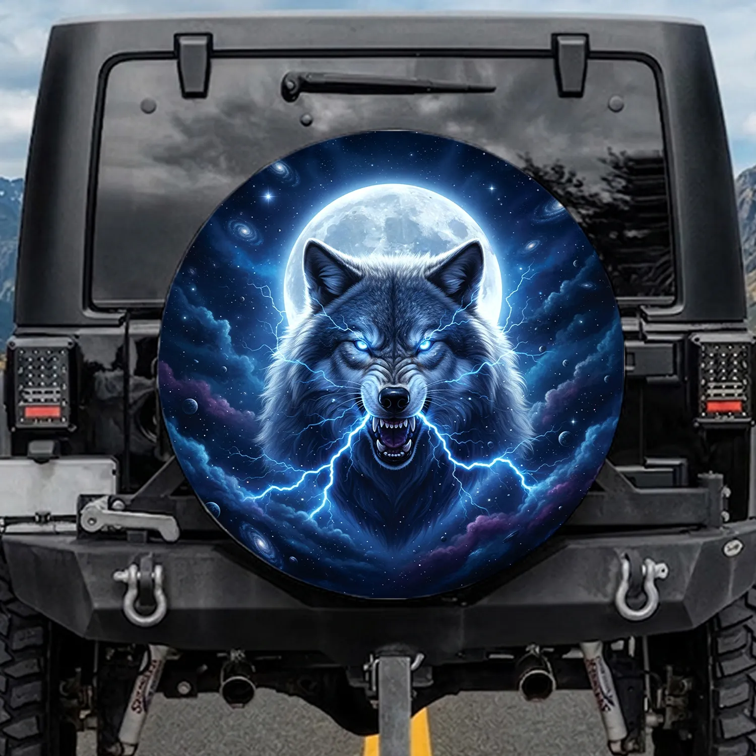 Snarling Wolf Blue Lightning Glowing Eyes Full Moon Dark Cosmic Night Sky - Wildlife Lover Gift Spare Tire Cover - 1