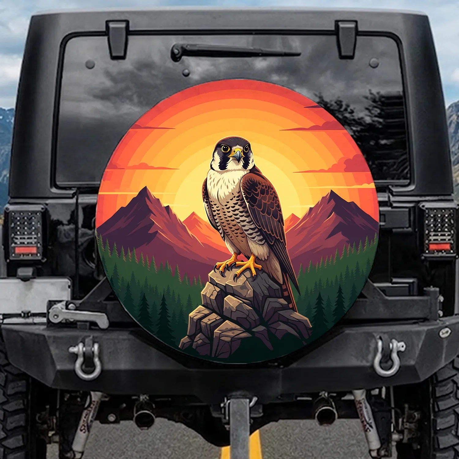 Peregrine Falcon Mountain Sunset Pine Forest Landscape - Wildlife Lover Gift for Adventurers Spare Tire Cover - 1