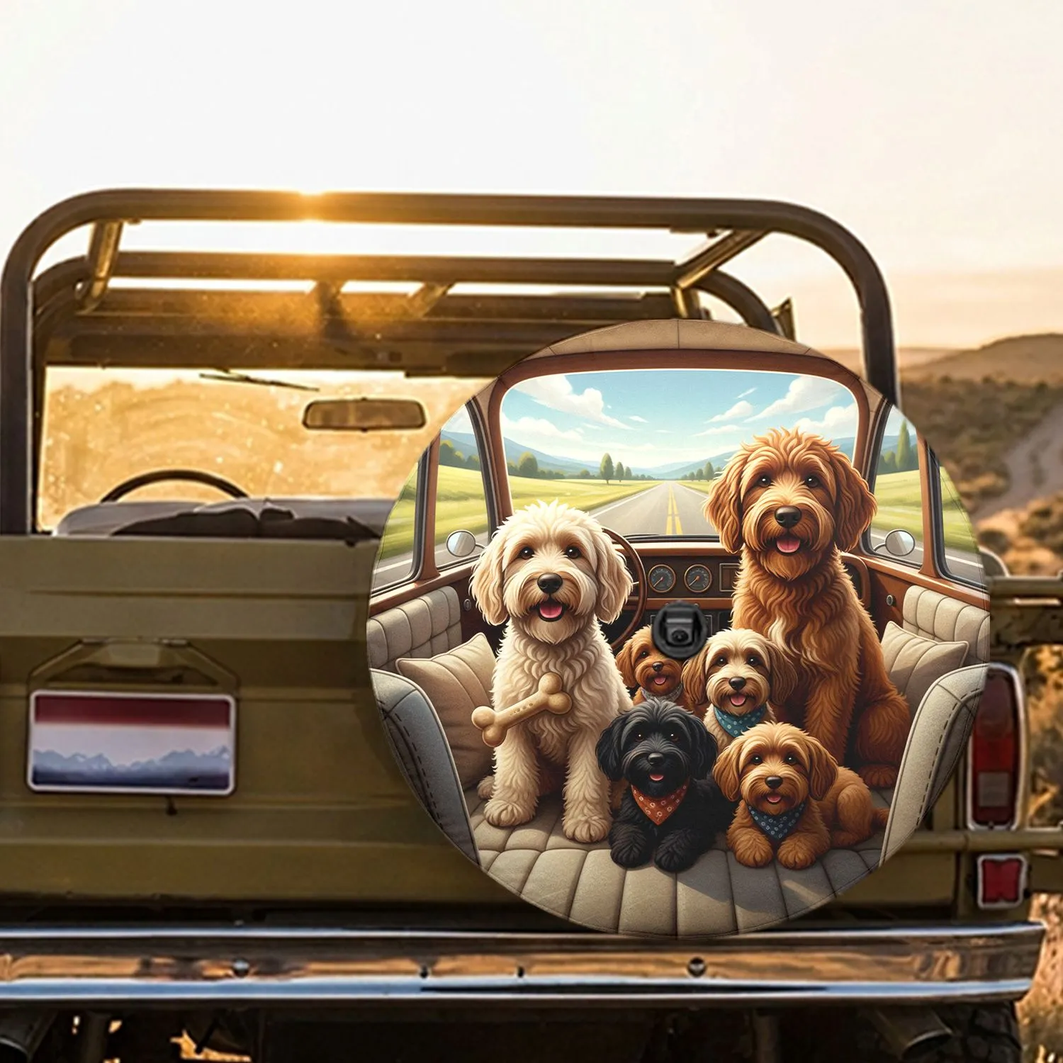 Doodle Dogs Cabin Scene Road Trip Landscape - Travel Essentials Dog Lover Gift Spare Tire Cover - 1