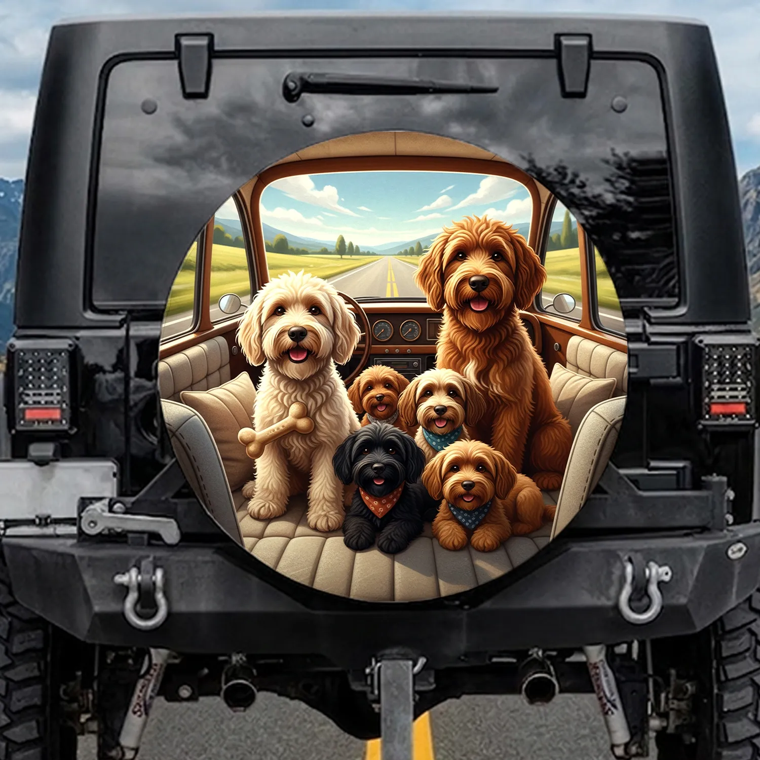 Doodle Dogs Cabin Scene Road Trip Landscape - Travel Essentials Dog Lover Gift Spare Tire Cover - 1
