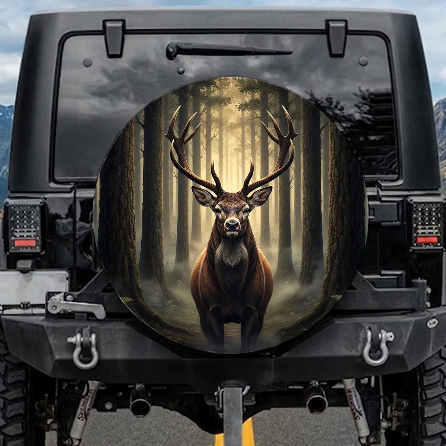 Majestic Deer Buck Antlers Forward Gaze Misty Woodland - Wildlife Lover Gift Spare Tire Cover - 1