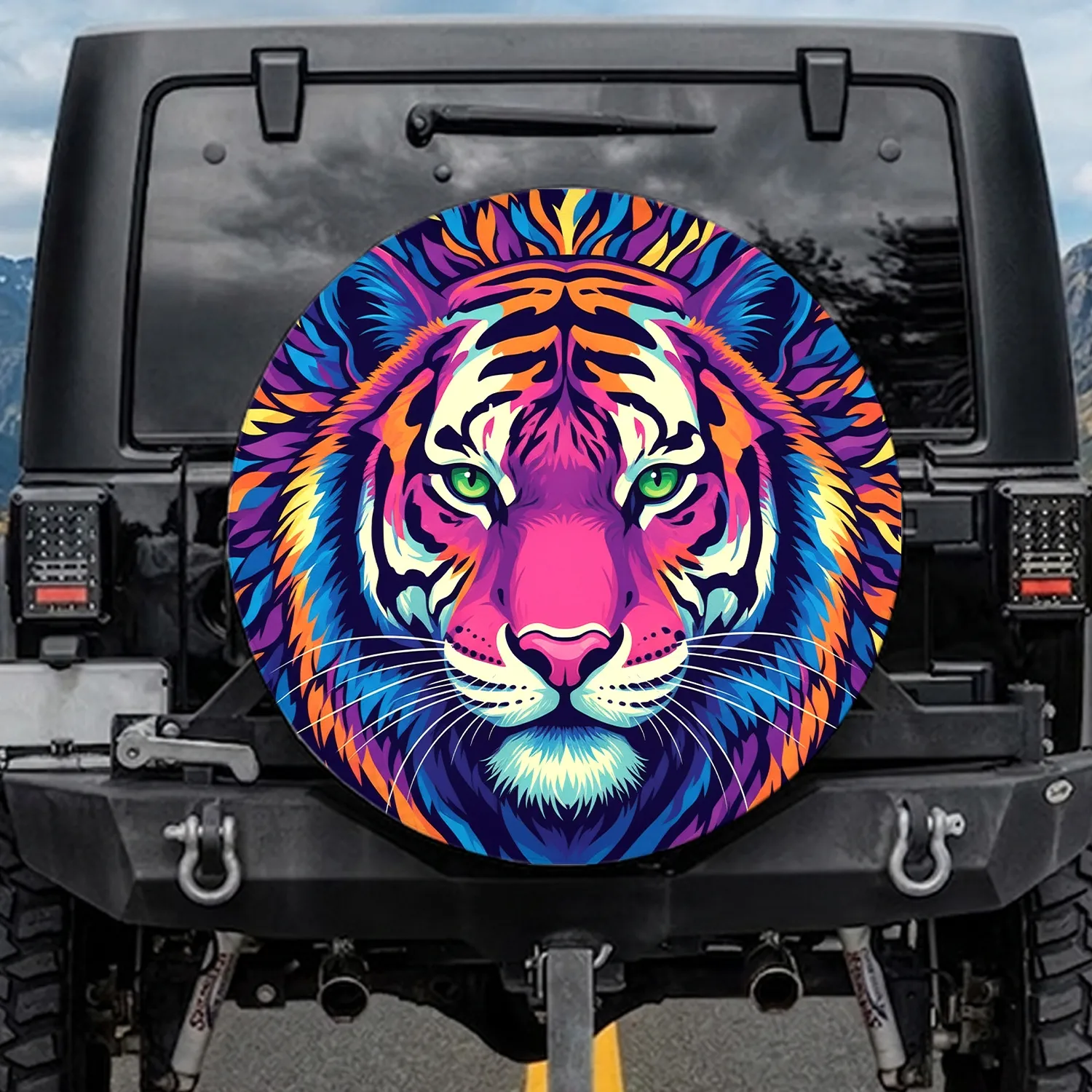 Tiger Face Emerald Green Eyes Orange Purple Fur Pink Nose - Wildlife Lover Gift Spare Tire Cover - 1