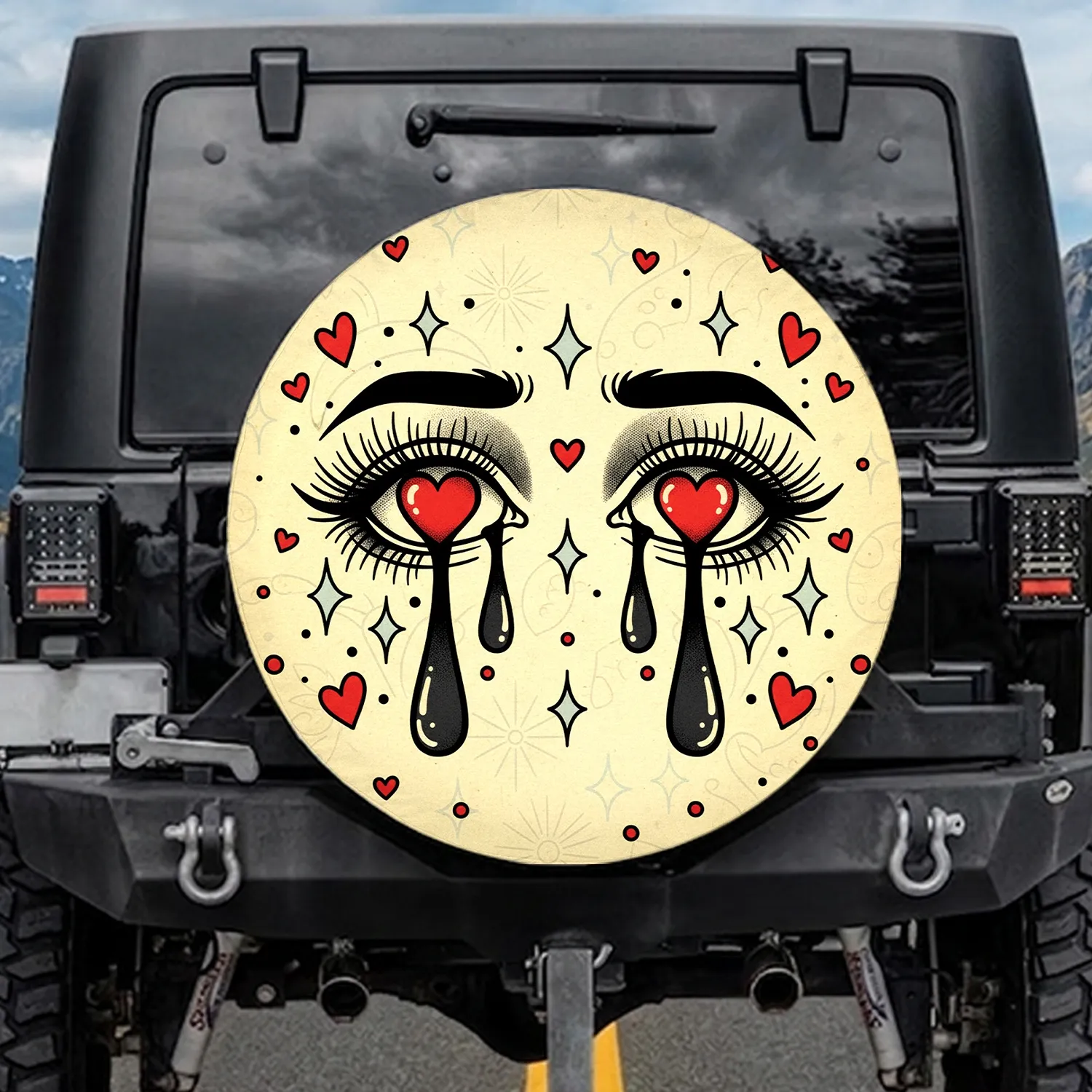 Human Eyes Red Heart Pupils Teardrops - Travel Essentials Tattoo Art Lover Gift Spare Tire Cover - 1
