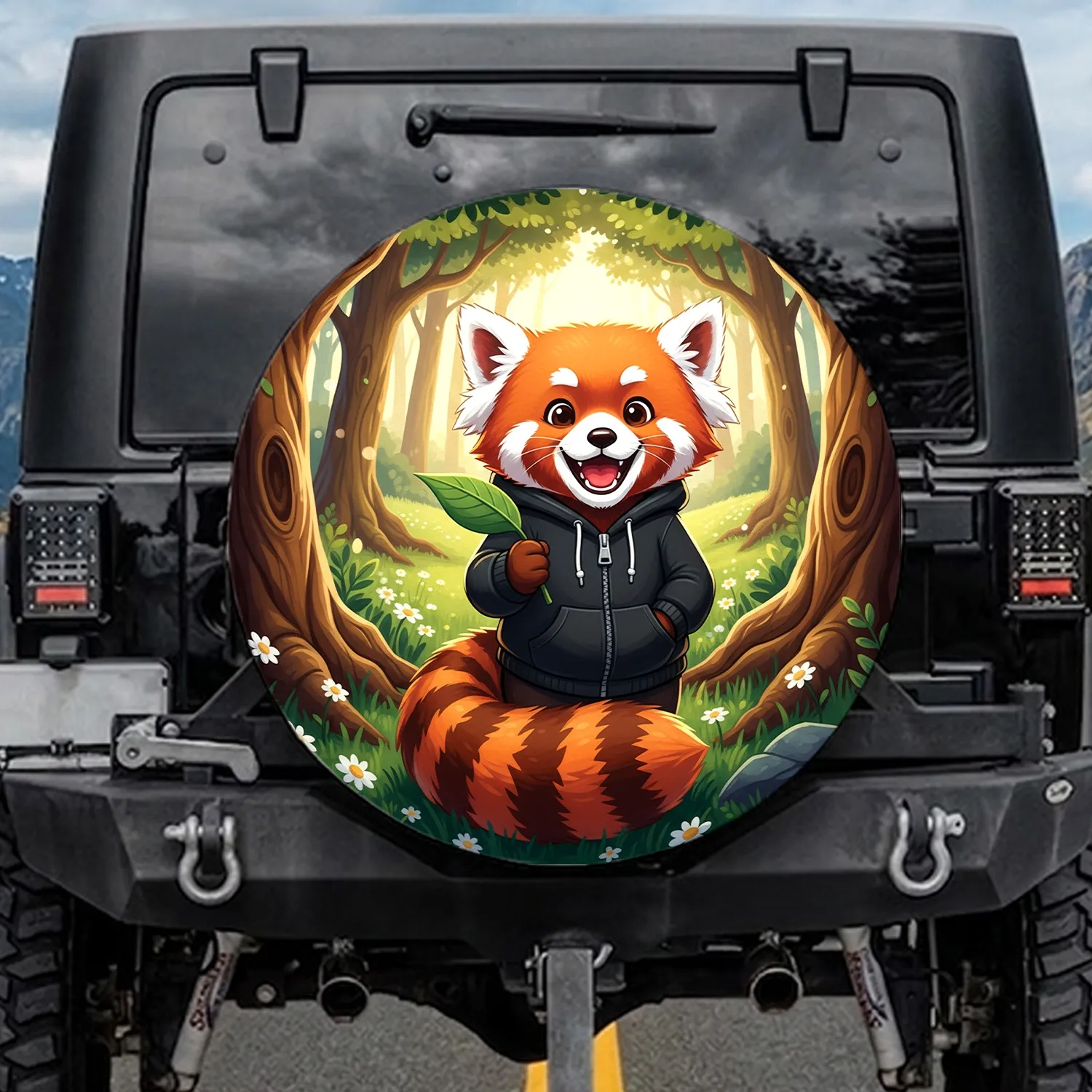 Red Panda Striped Tail Green Leaf Hooded Jacket Forest - Wildlife Lover Gift Spare Tire Cover - 1