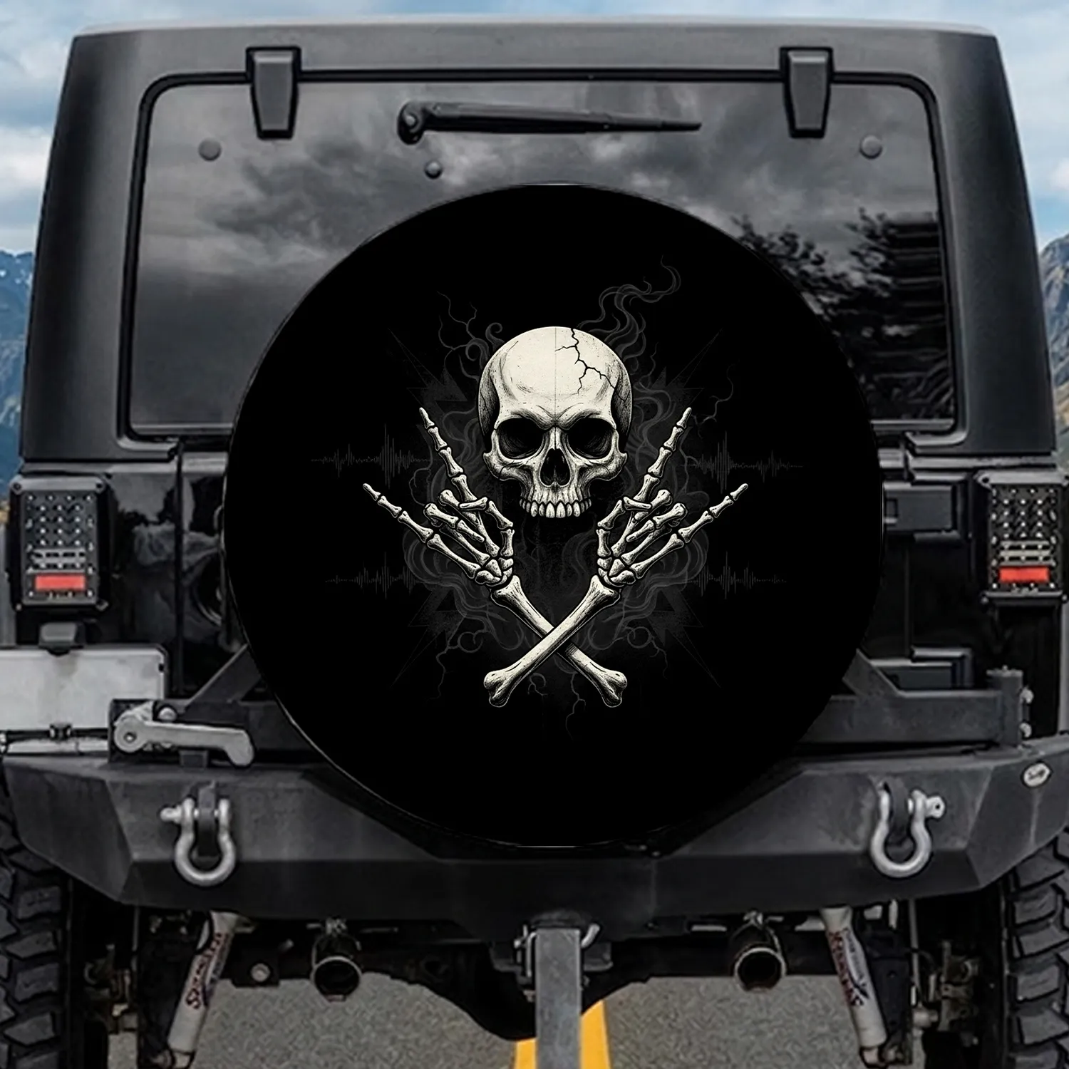 Distressed Grunge Skull Skeletal Hands Rock Gesture Lightning - Music Fan Gift Spare Tire Cover - 1