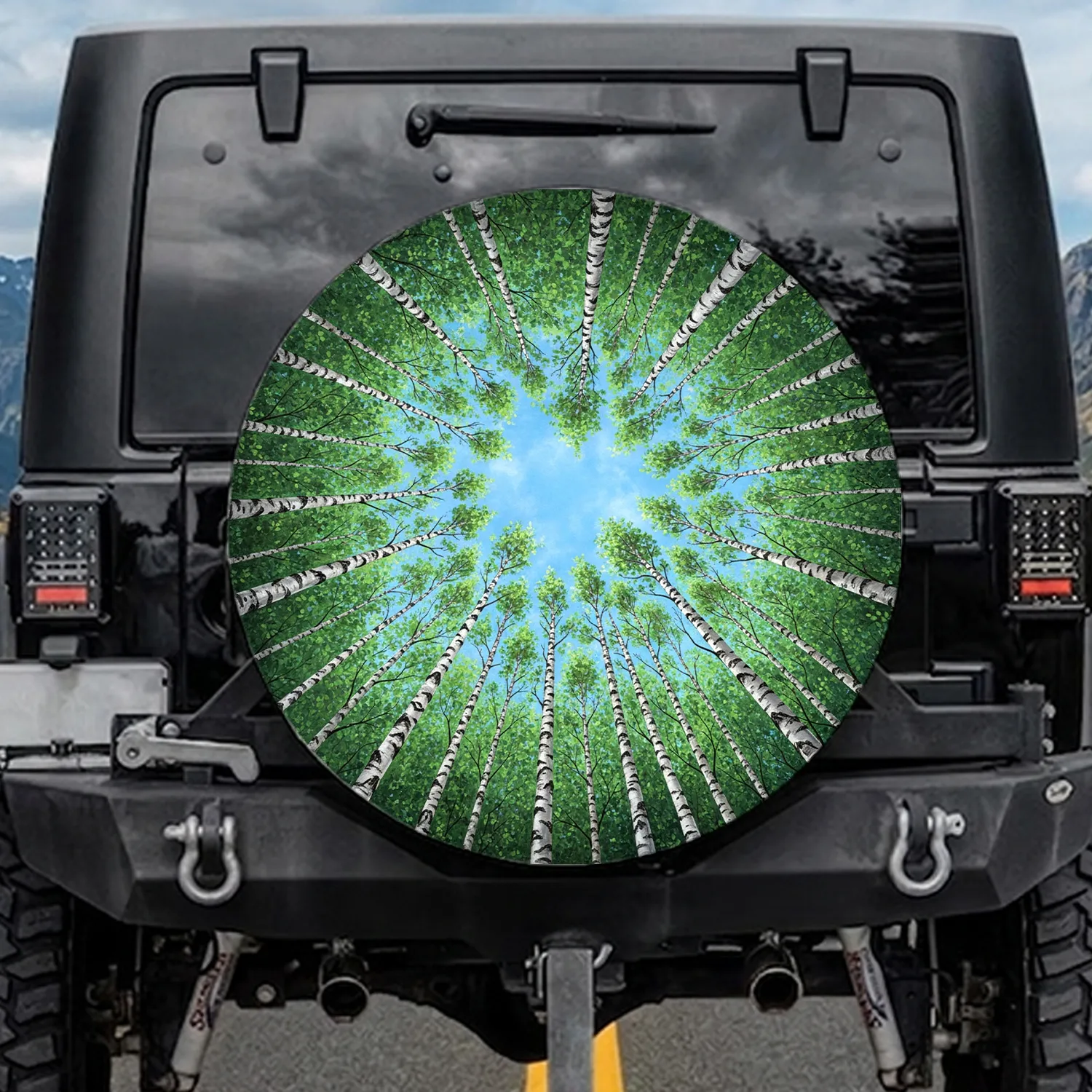 Vibrant Sunlit Slender Birch Trees Forest Canopy Blue Sky - Nature Lover Gift Spare Tire Cover - 1