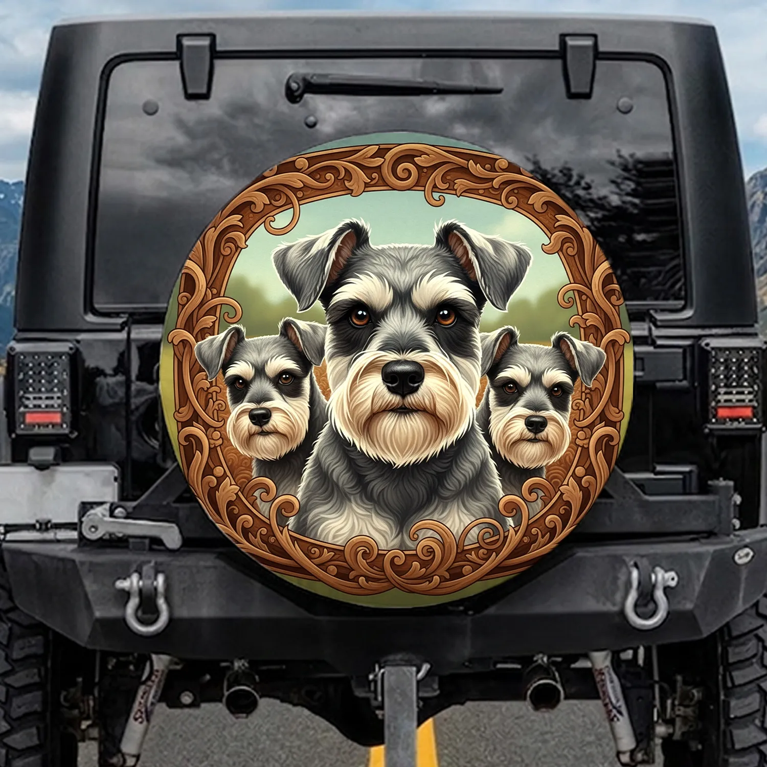 Expressive Miniature Schnauzer Dogs with Textured Backdrop - Dog Lover Vehicle Accessory Gift Spare Tire Cover - 1