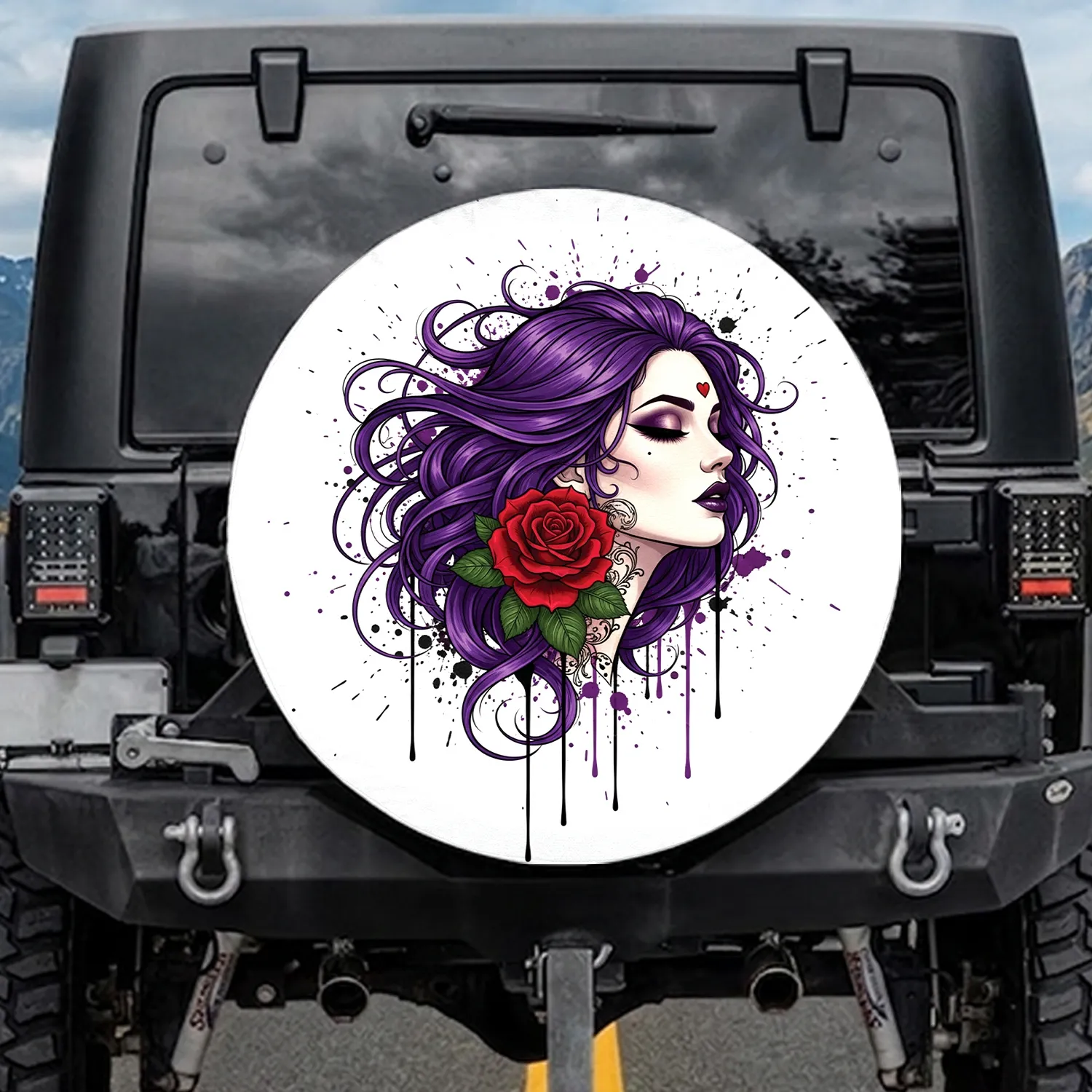 Gothic Woman Rose Ink Splatter Heart Eye Makeup Tattoo - Gothic Decor Gift for Her Spare Tire Cover - 1