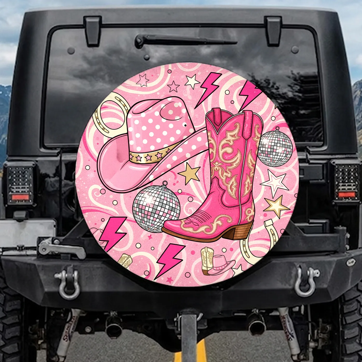 Pink Cowboy Hat Boot Disco Ball Stars Western - Cowgirl Style Accessory Gift Spare Tire Cover - 1