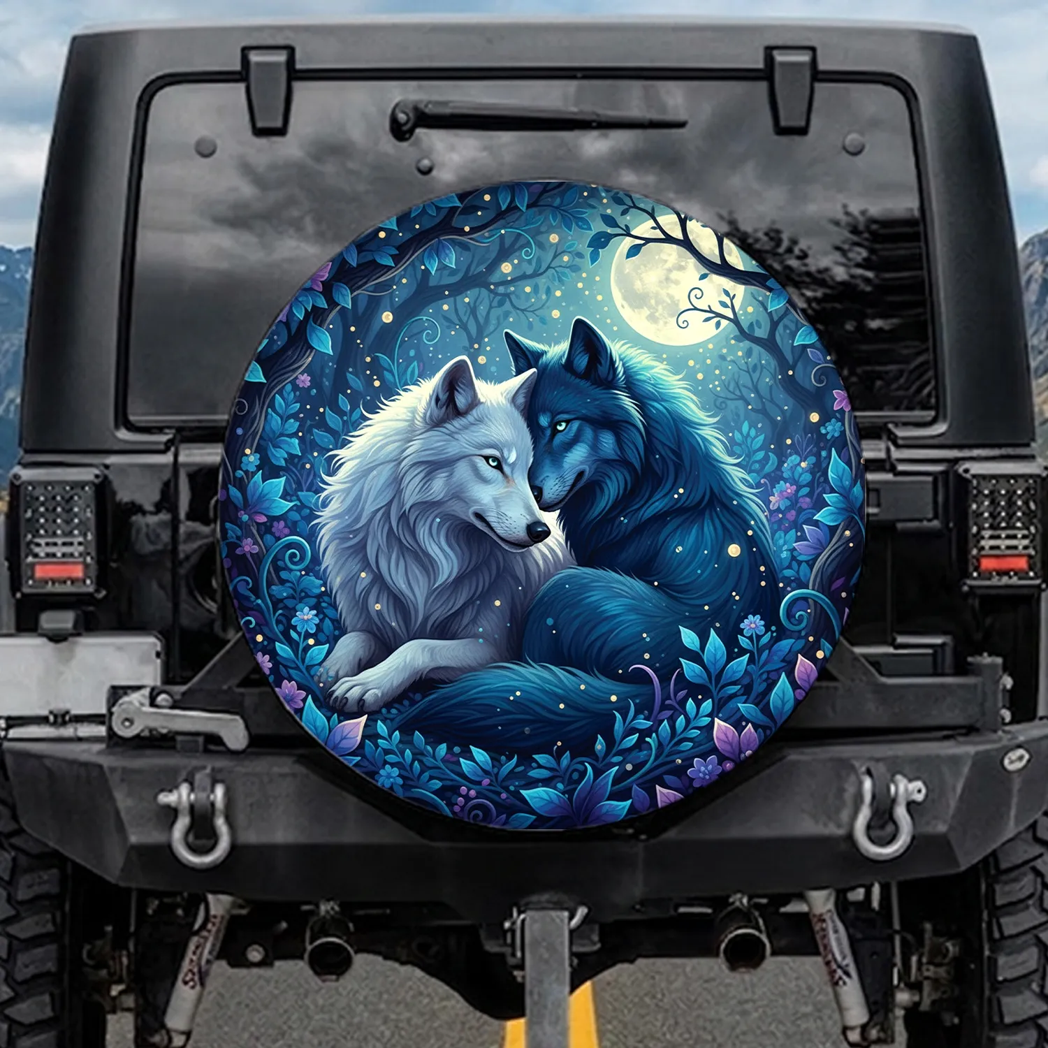 White Blue Wolves Intertwined Fantasy Foliage Full Moon Enchanted Forest Wildlife Gift Spare Tire Cover - 1