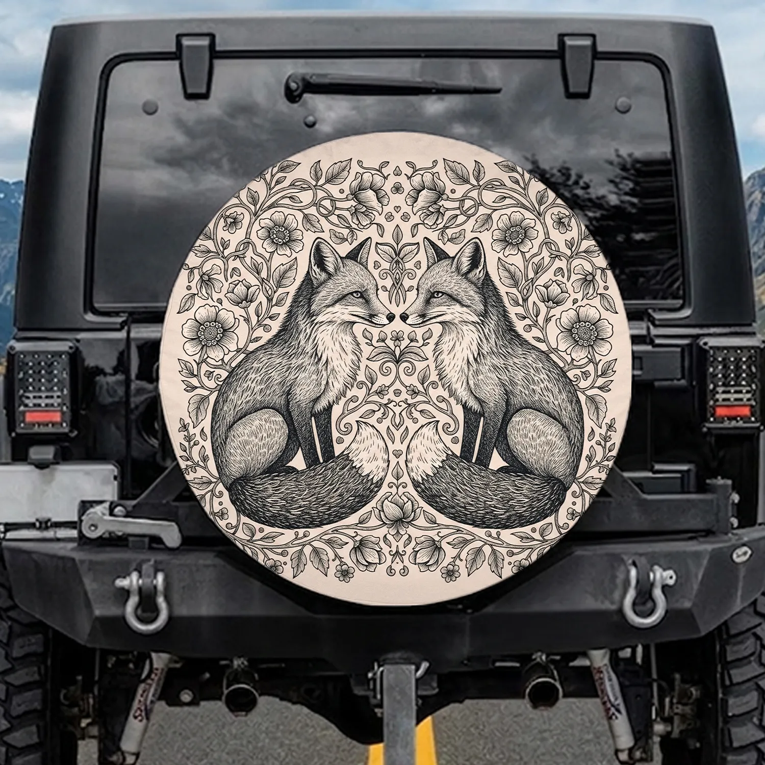 Foxes Nose-to-Nose Bushy Tail Floral Vines Home Decor for Wildlife Lovers Spare Tire Cover - 1