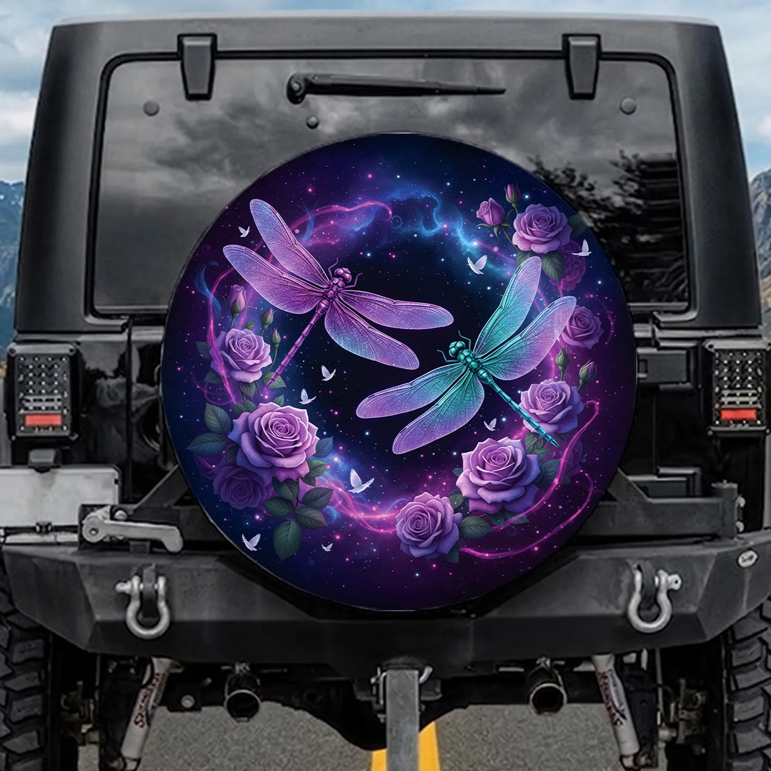 Dragonflies Purple Teal Roses Cosmic Sky - Nature Lover Home Decor Gift Spare Tire Cover - 1