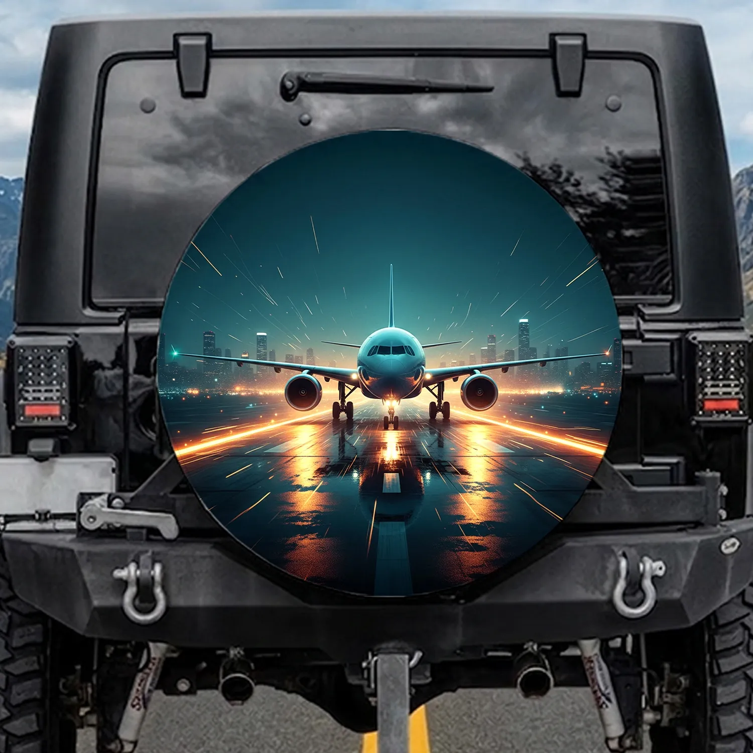 Modern Passenger Airplane Wet Runway - Travel Essentials Gift for Aviation Lovers Spare Tire Cover - 1