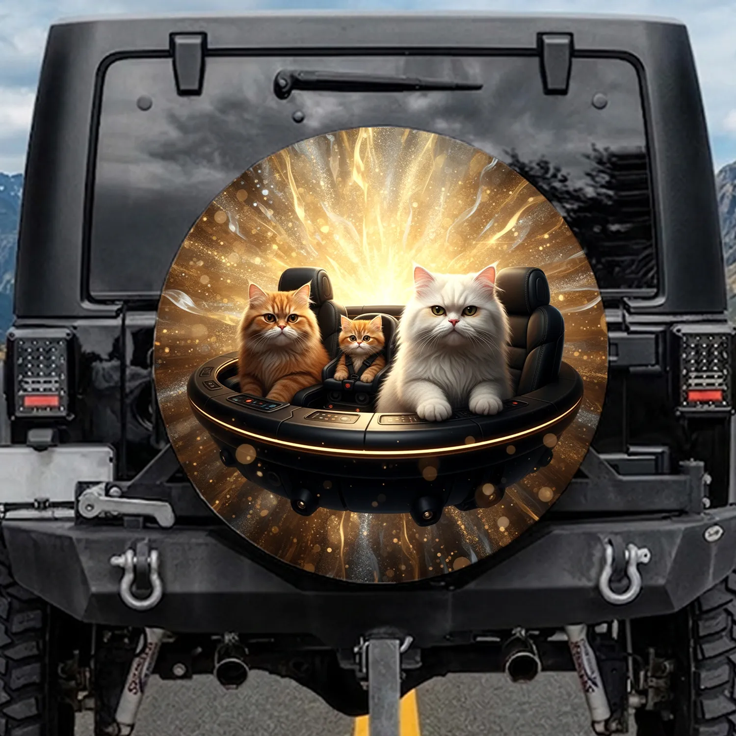 Fluffy White Persian Ginger Cats Driving Luxury Car Interior - Cat Lover Travel Gift Spare Tire Cover - 1