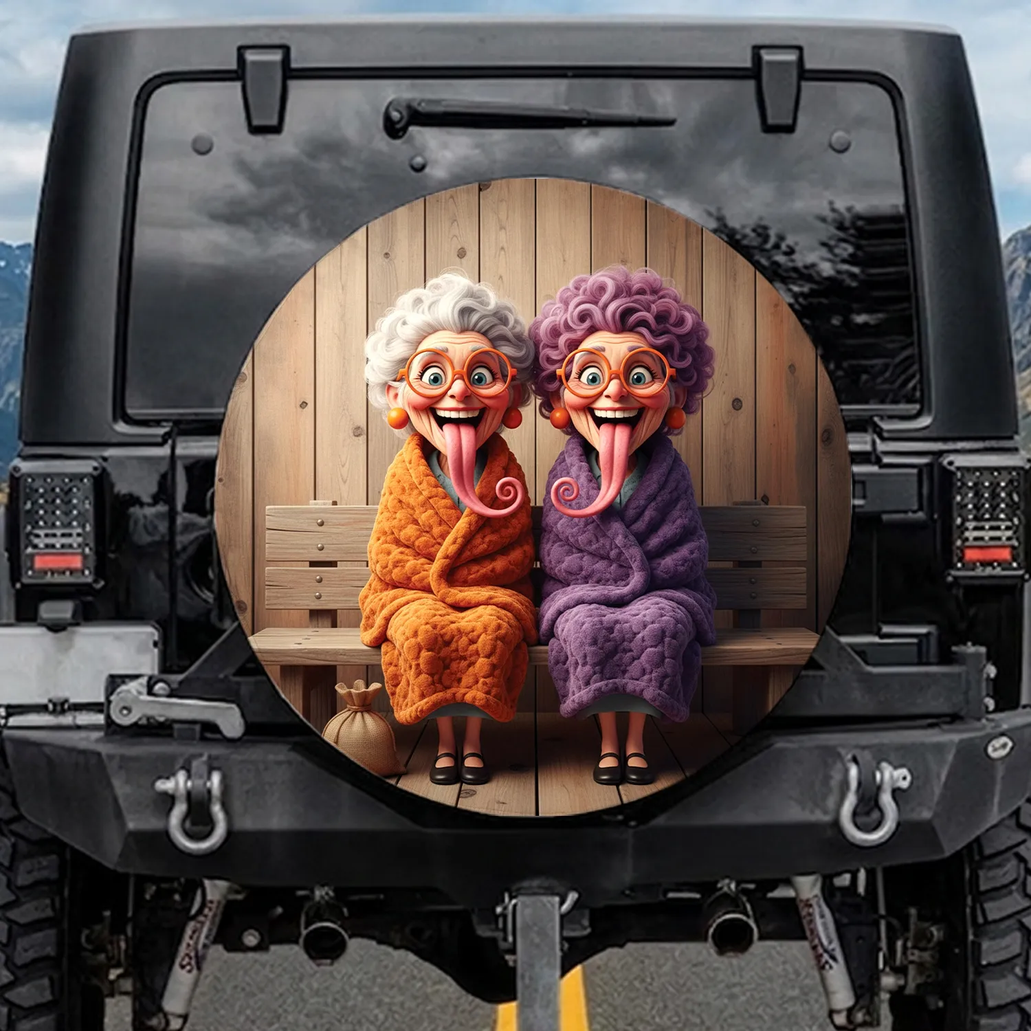 Elderly Women Pink Tongues Wooden Bench - Funny Car Accessory Spare Tire Cover - 1