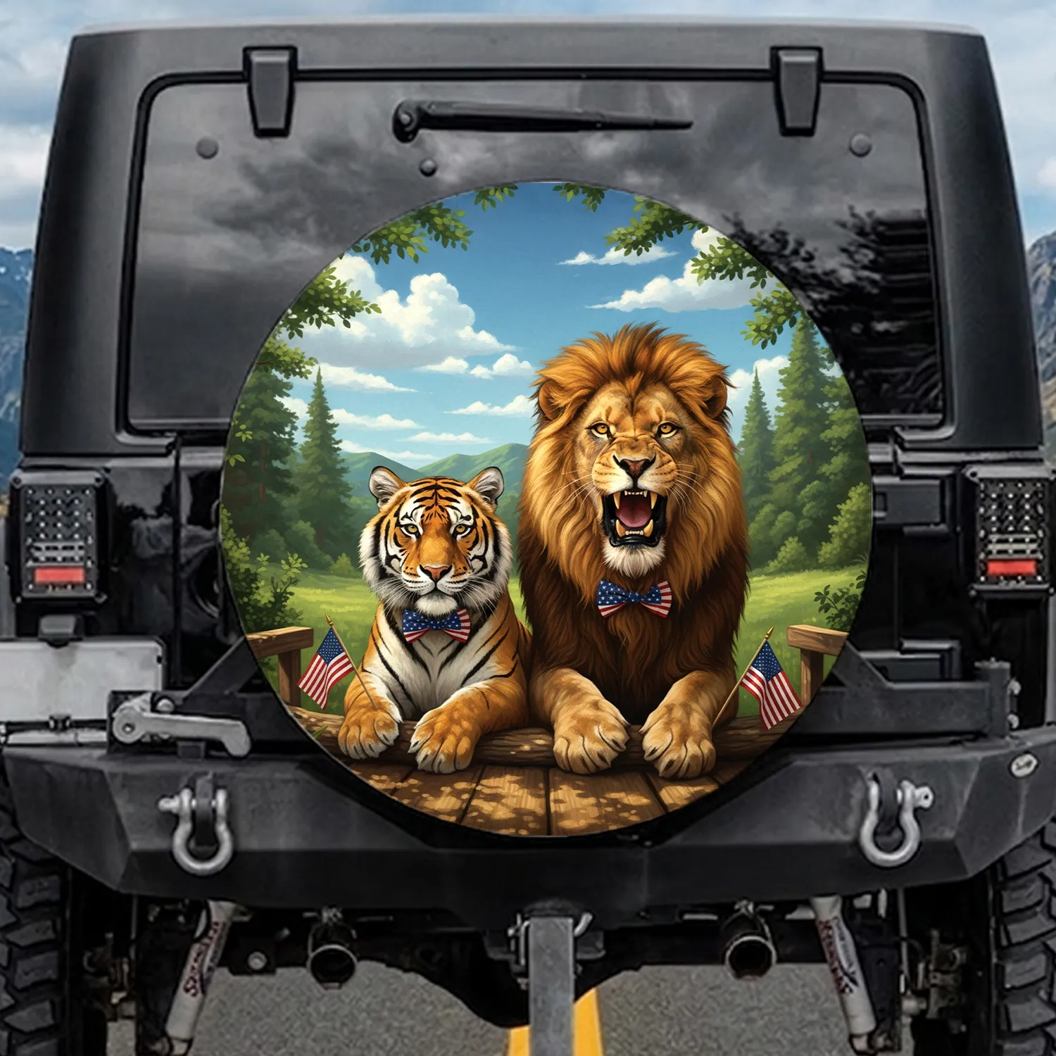 Lion Tiger American Flag Patriotic Bow Tie - Adventure Wildlife Lover Gift Spare Tire Cover - 1