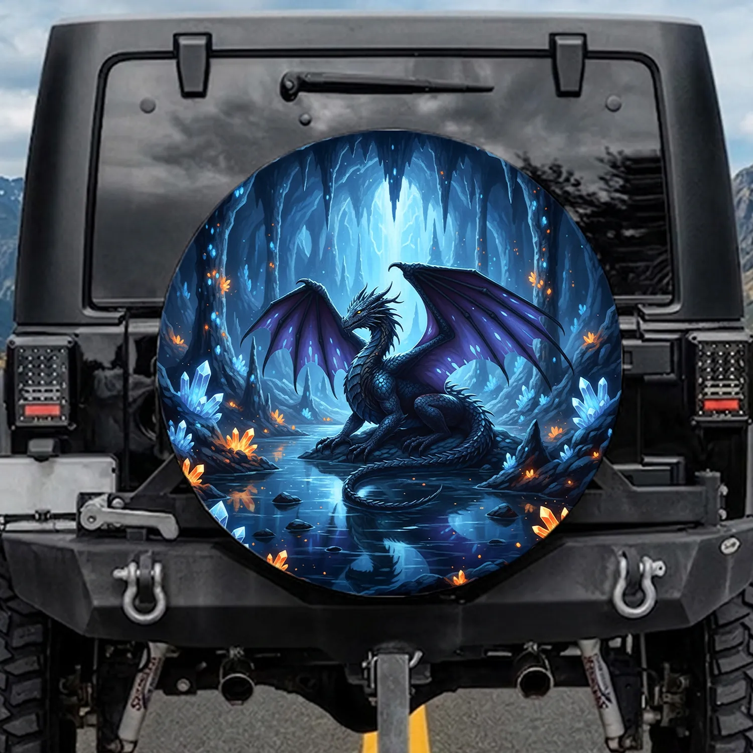 Dark Dragon Glowing Crystal Cavern Mystical Subterranean Lake - Outdoor Adventure Gift Spare Tire Cover - 1