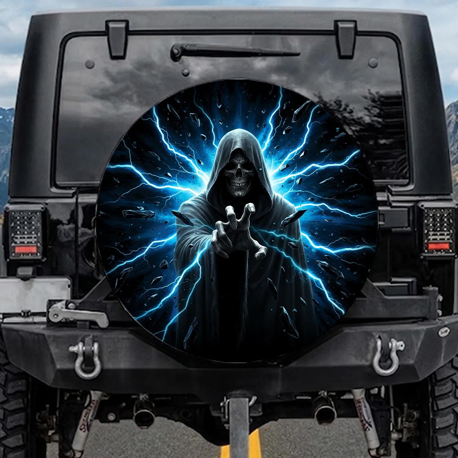 Terrifying Grim Reaper Skeletal Face Electric Blue Energy Dark Crystal - Car Accessory Gift Spare Tire Cover - 1