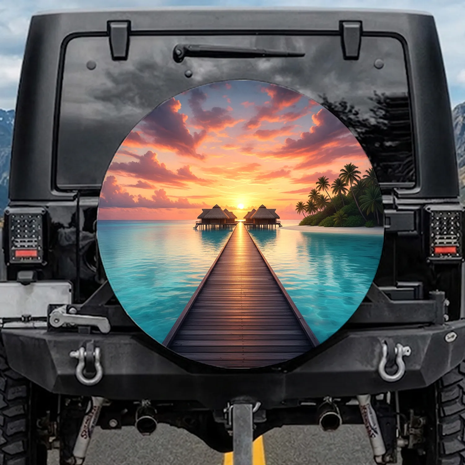 Sunset Boardwalk Tropical Bungalows - Travel Essentials Gift for Tropical Lover Spare Tire Cover - 1