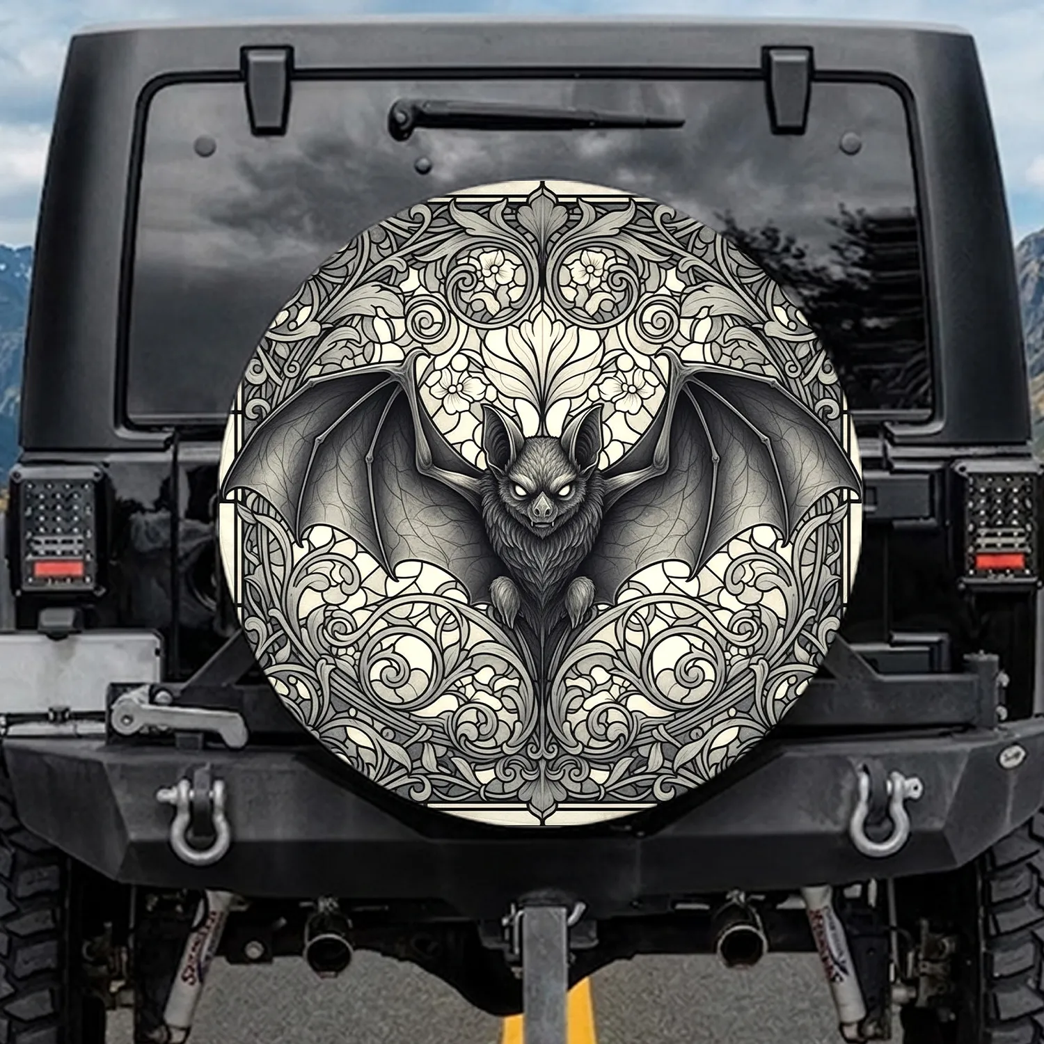 Spreading Bat Gothic Swirls Art Nouveau Leafy Floral - Wildlife Lover Home Decor Gift Spare Tire Cover - 1