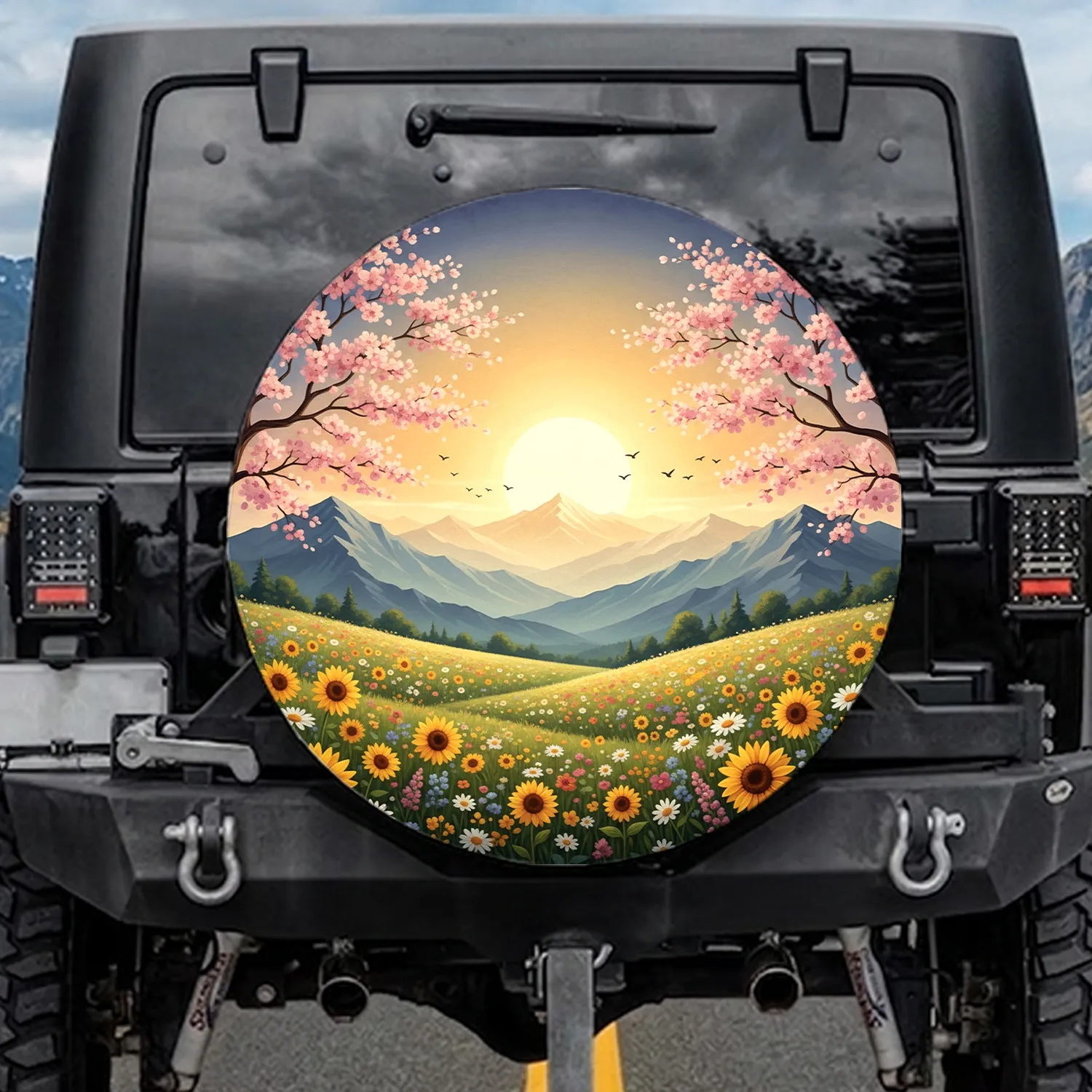 Luminous Sun Mountain Wildflower Cherry Blossom - Travel Essentials Gift Spare Tire Cover - 1