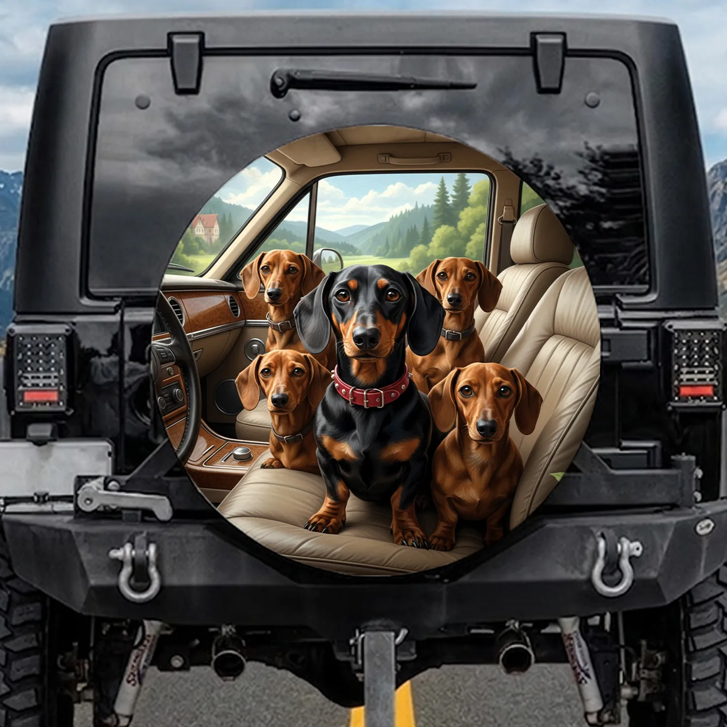 Dachshund Dogs Vehicle Interior Scenic Landscape - Dog Lover Gift Spare Tire Cover - 1