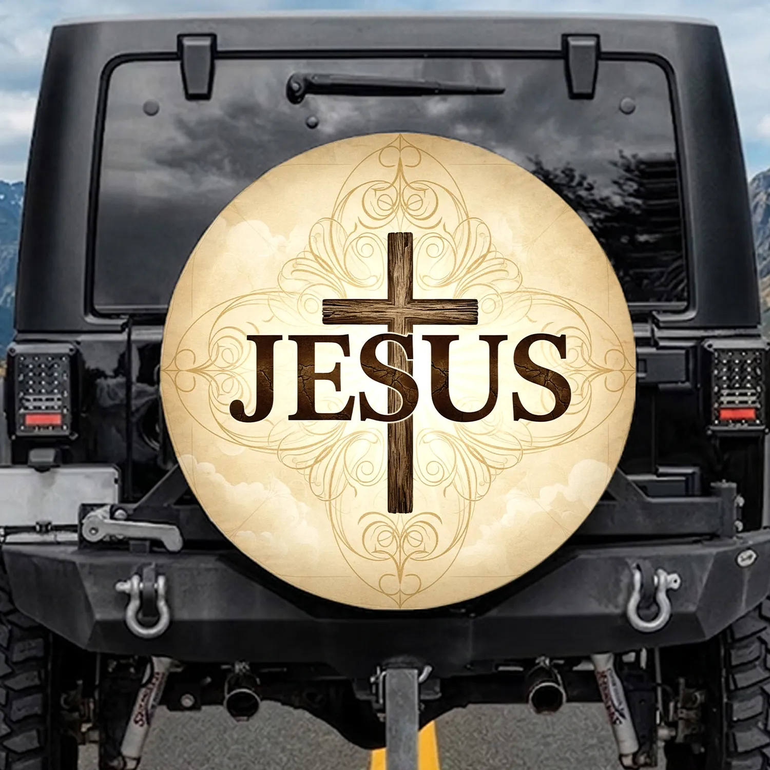 Jesus Cross Sacred Geometric Filigree Aged Parchment - Christian Gift Spare Tire Cover - 1