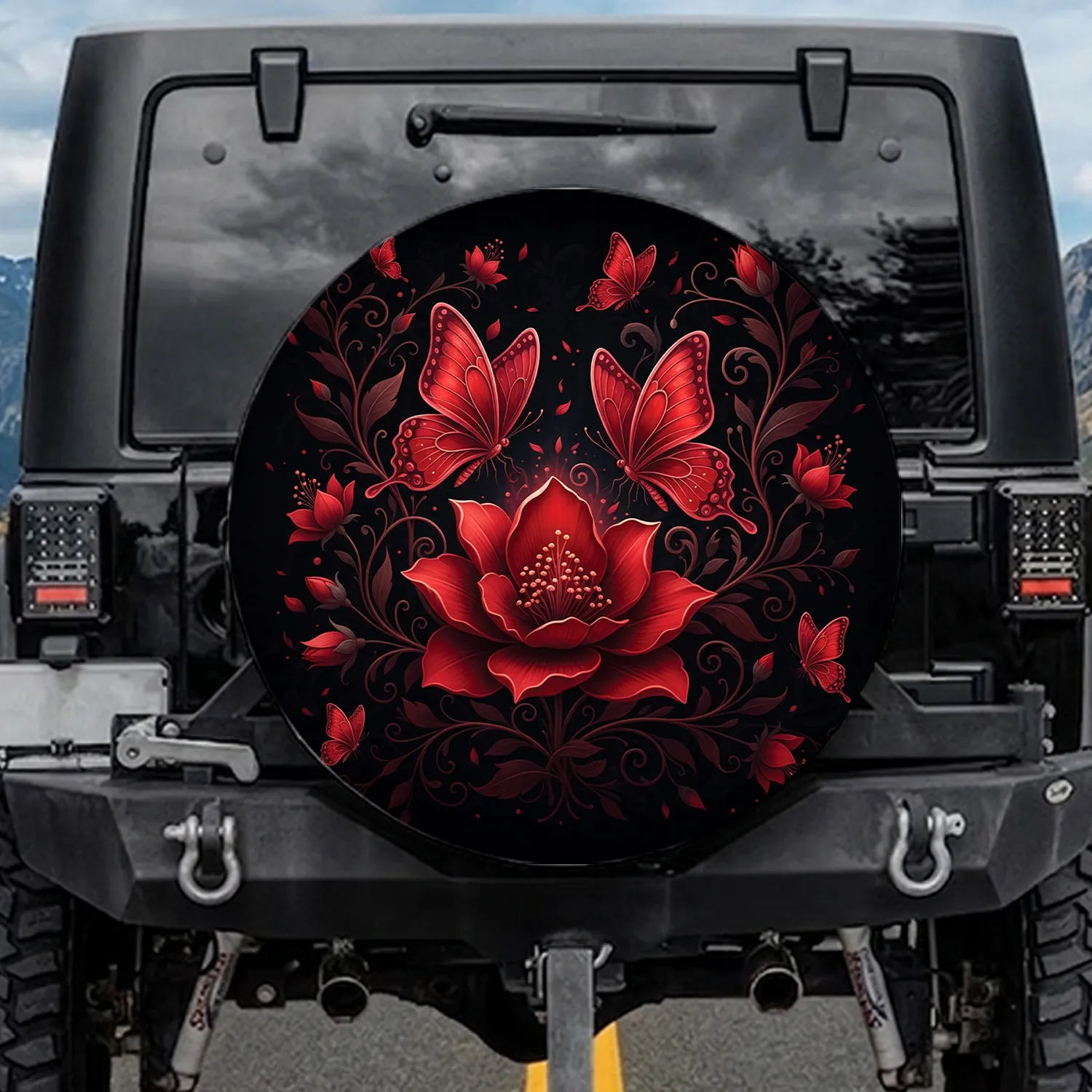 Vibrant Red Butterflies Crimson Flower Swirling Vines - Wildlife Lover Gift Spare Tire Cover - 1